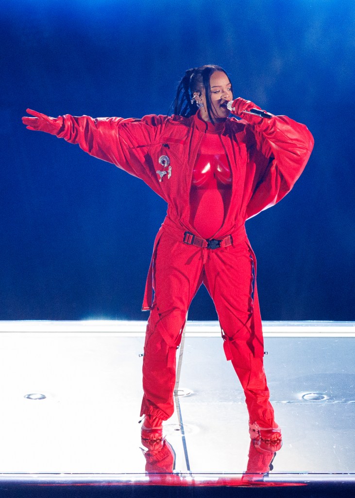 GLENDALE, AZ - FEBRUARY 12: Rihanna performs at halftime during Super Bowl LVII between the Philadelphia Eagles and the Kansas City Chiefs on Sunday, February 12th, 2023 at State Farm Stadium in Glendale, AZ.