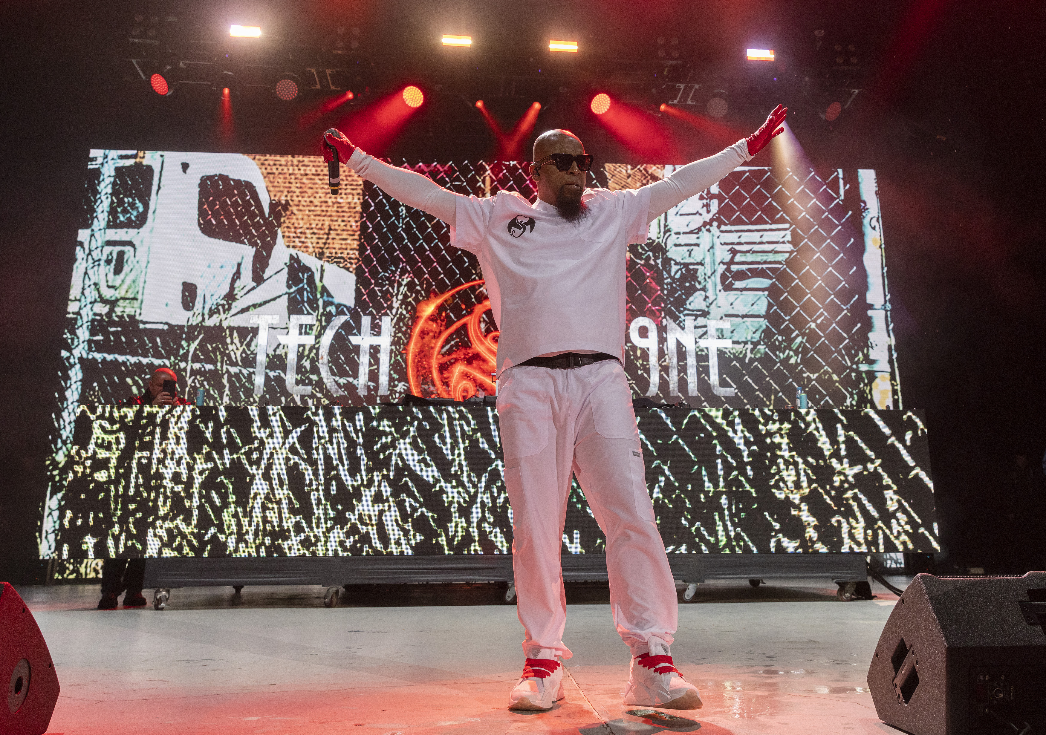 BONNER SPRINGS, KANSAS - APRIL 28: Tech N9ne during the Kelce Jam at Azura Amphitheatre on April 28, 2023 in Bonner Springs, Kansas.