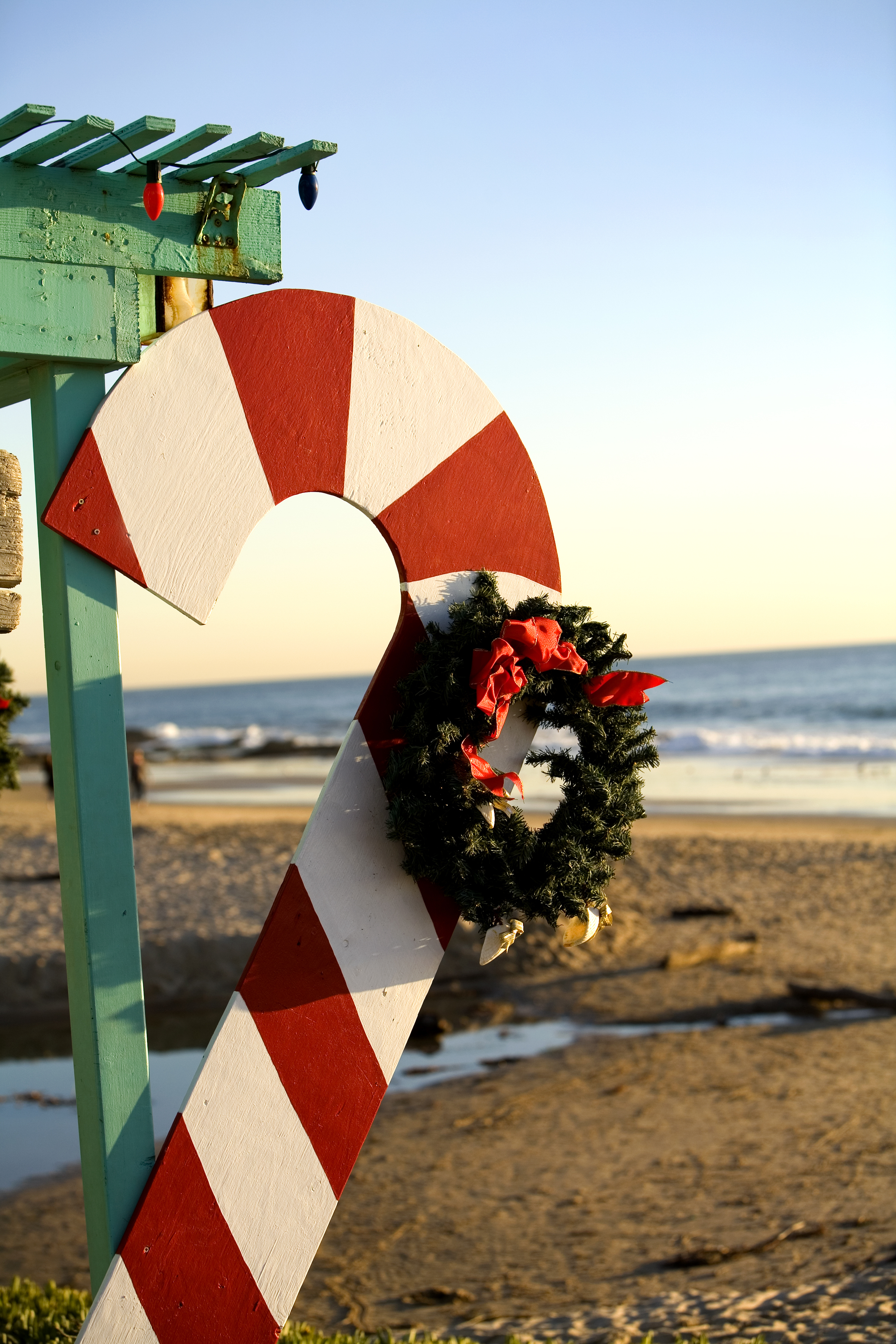 Candy cane decortation at a beach cottage.