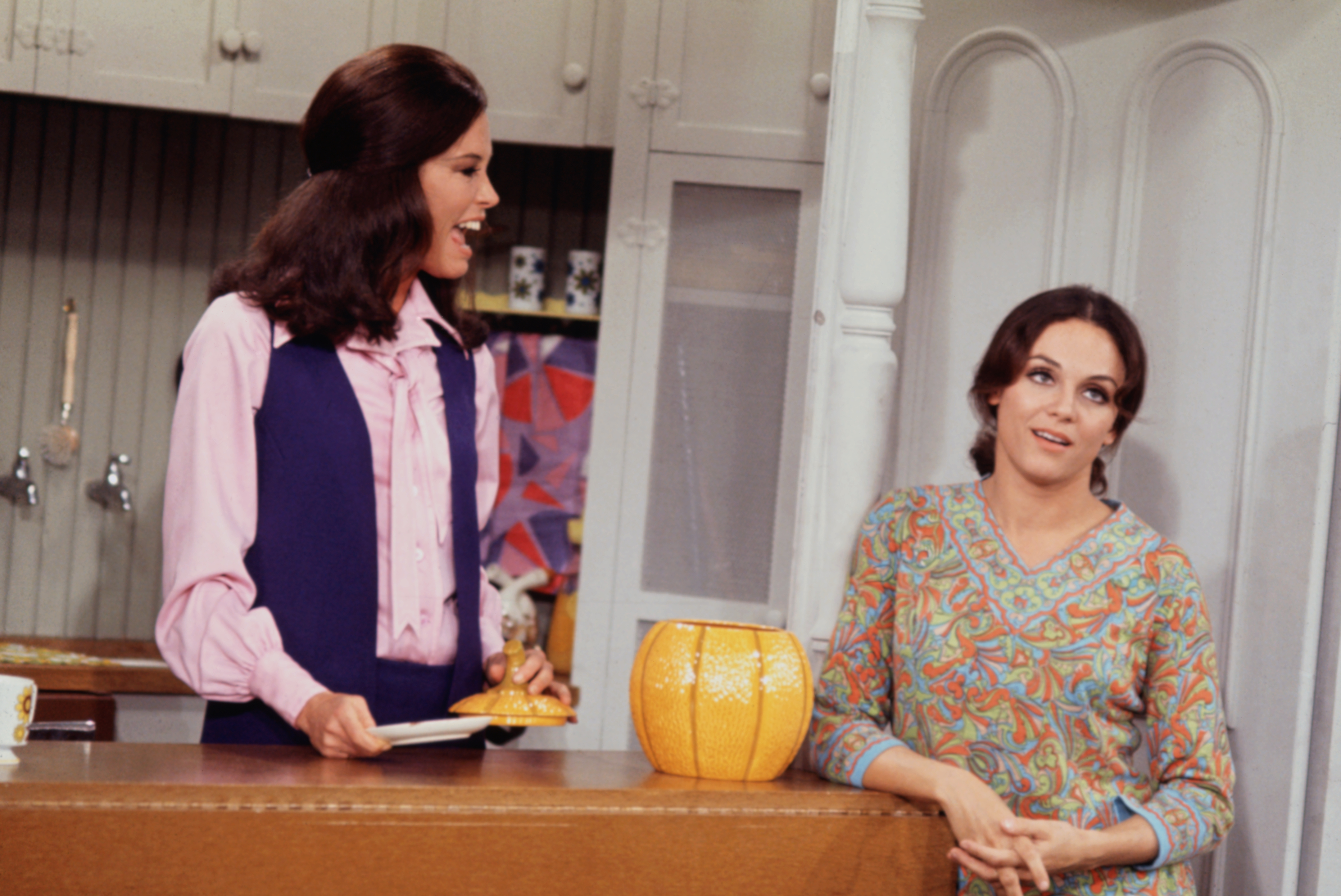 Mary Tyler Moore and Valerie Harper on the set of The Mary Tyler Moore Show. The show ran from 1970-1974.