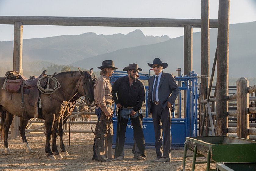 Luke Grimes as Kayce Dutton, Cole Hauser as Rip Wheeler and Kevin Costner as John Dutton in Yellowstone Season 5