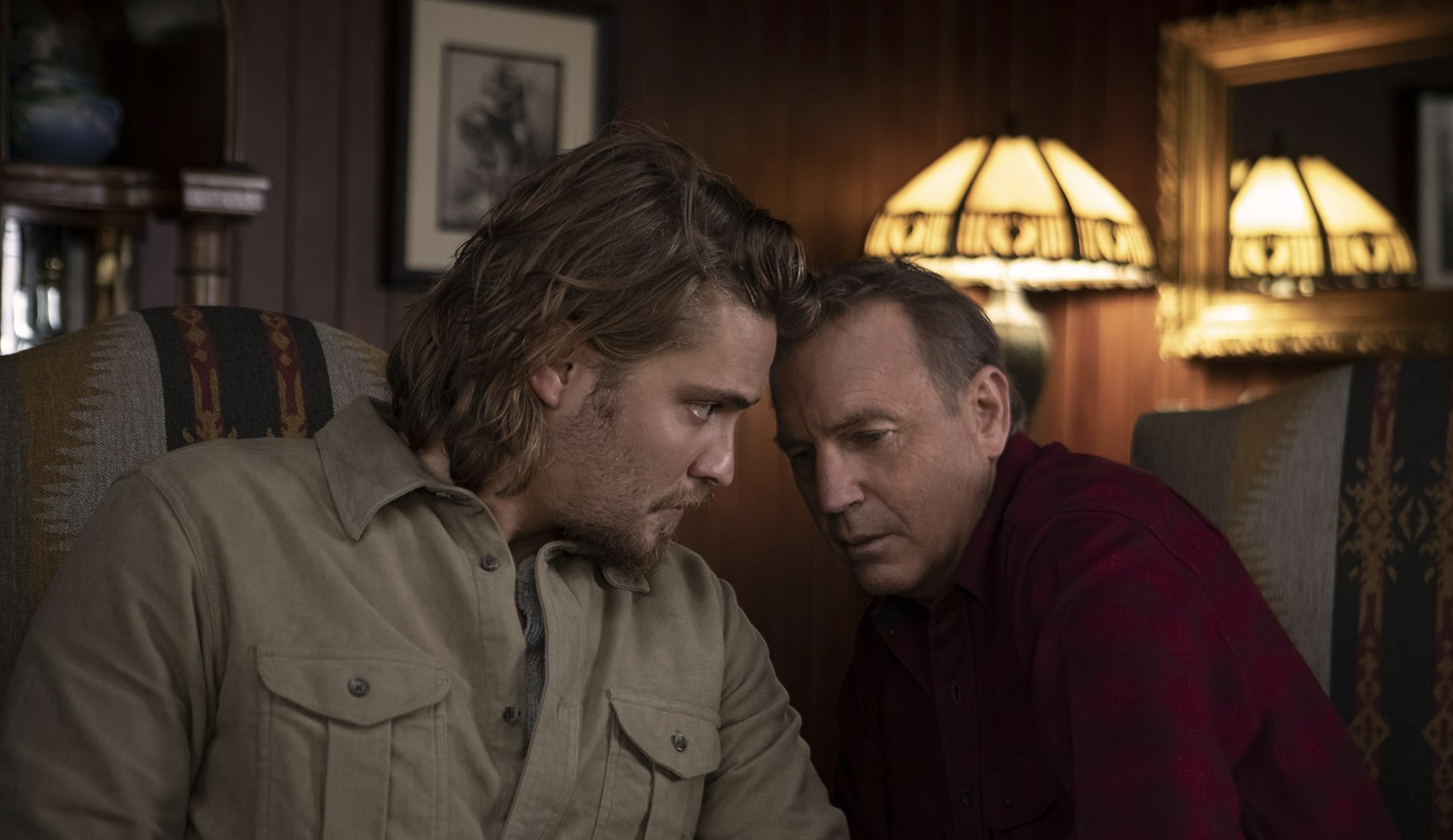 Luke Grimes as Kayce Dutton and Kevin Costner as John Dutton in 'Yellowstone' Season 2.