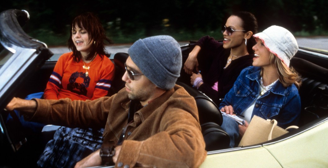 Taryn Manning, Anson Mount, Zoe Saldana, and Britney Spears driving in car in a scene from the film 'Crossroads', 2002.