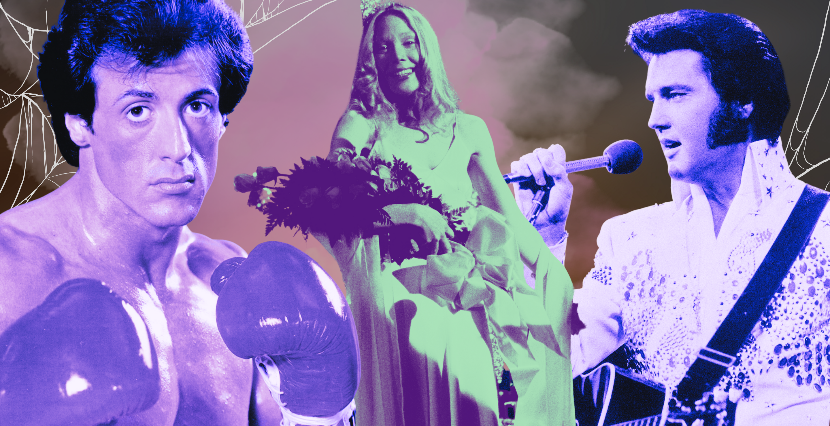 Sylvester Stallone in "Rocky"/ Sissy Spacek in "Carrie"/ Elvis Presley performs onstage