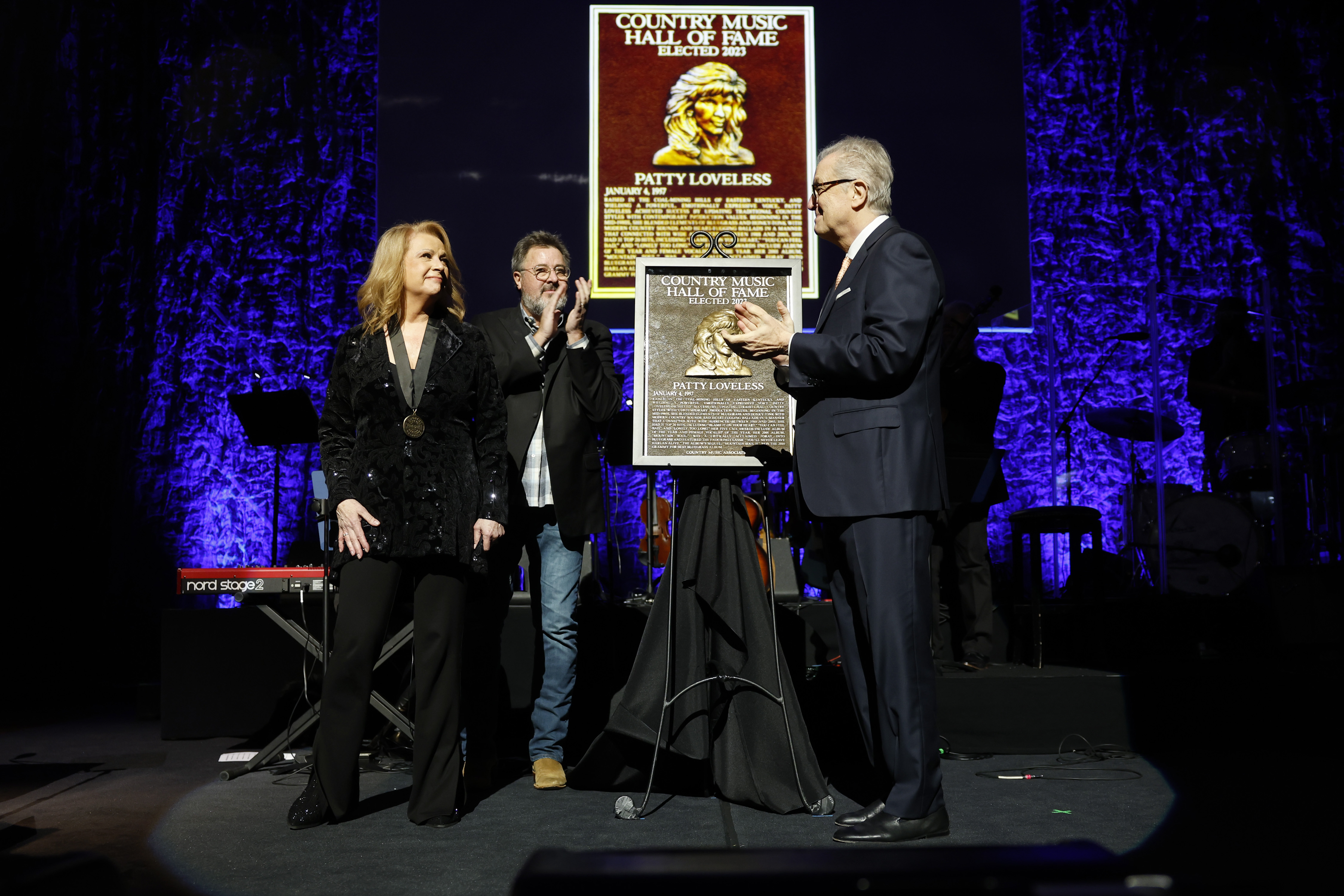  Honoree, Patty Loveless, Vince Gill and CEO of the Country Music Hall of Fame and Museum, Kyle Young speak onstage during the Class of 2023 Medallion Ceremony at Country Music Hall of Fame and Museum on October 22, 2023 in Nashville, Tennessee. (Photo by Jason Kempin/Getty Images)