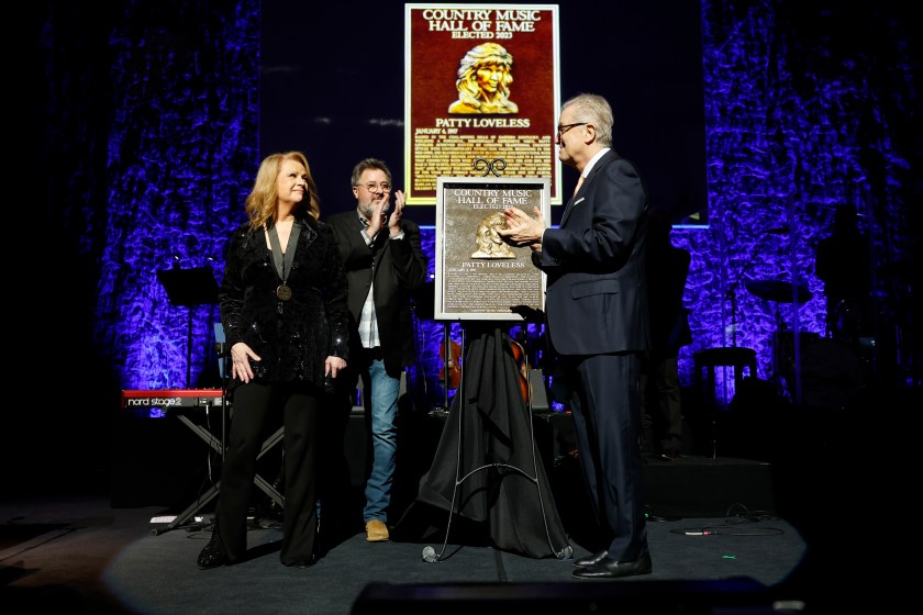 Honoree, Patty Loveless, Vince Gill and CEO of the Country Music Hall of Fame and Museum, Kyle Young speak onstage during the Class of 2023 Medallion Ceremony at Country Music Hall of Fame and Museum on October 22, 2023 in Nashville, Tennessee. (Photo by Jason Kempin/Getty Images)
