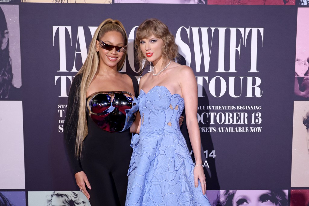 LOS ANGELES, CALIFORNIA - OCTOBER 11: (L-R) Beyonc&eacute; Knowles-Carter and Taylor Swift attend the "Taylor Swift: The Eras Tour" Concert Movie World Premiere at AMC The Grove 14 on October 11, 2023 in Los Angeles, California.