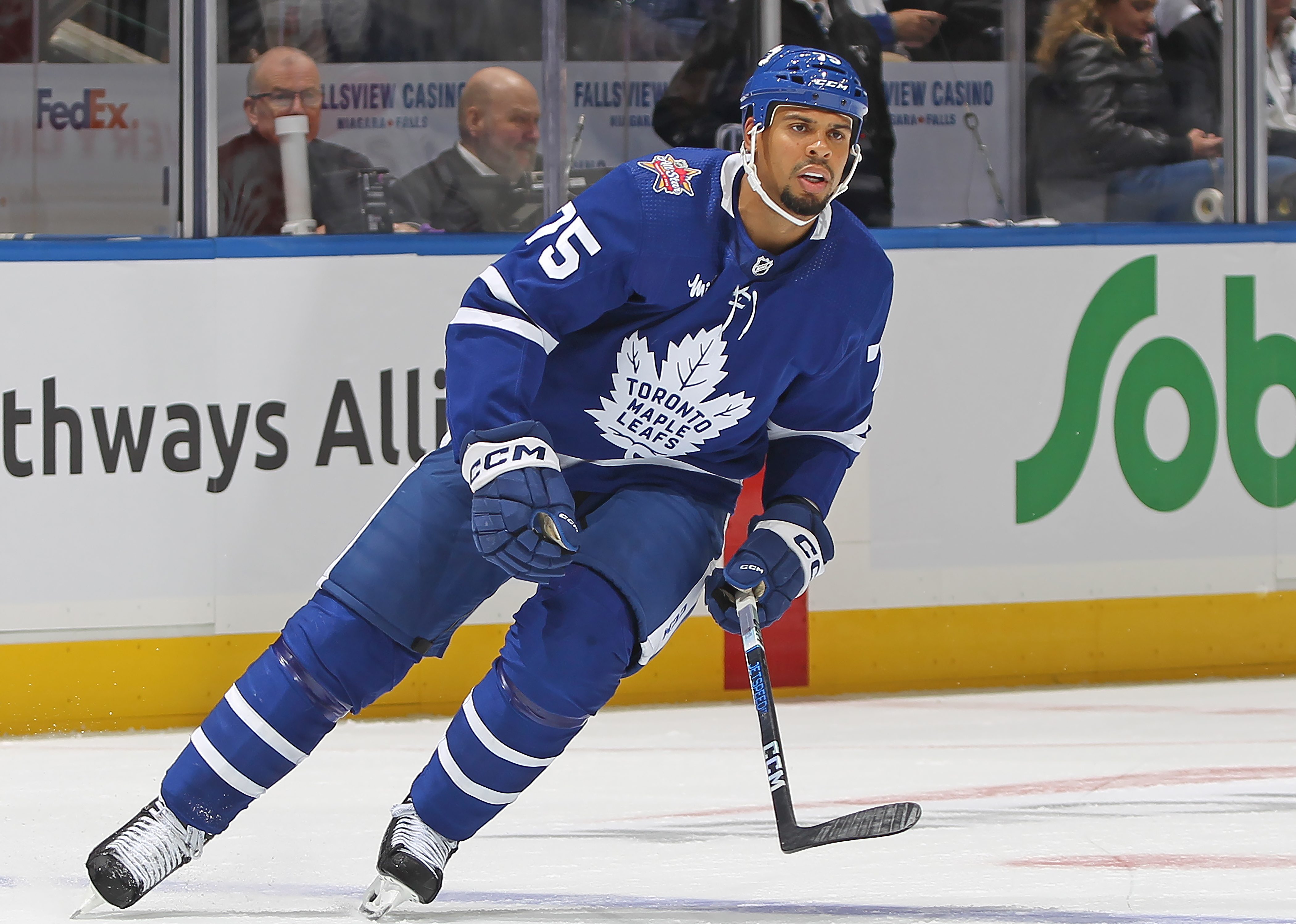 TORONTO, CANADA - OCTOBER 11: Ryan Reaves #75 of the Toronto Maple Leafs skates against the Montreal Canadiens during the 2nd period in an NHL game at Scotiabank Arena on October 11, 2023 in Toronto, Ontario, Canada. The Maple Leafs defeated the Canadiens 6-5 in a shootout. 