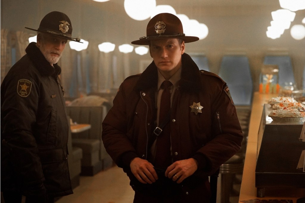Ted Danson as Hank Larsson and Patrick Wilson as Lou Solverson in 'Fargo' Season 2, Episode 1.