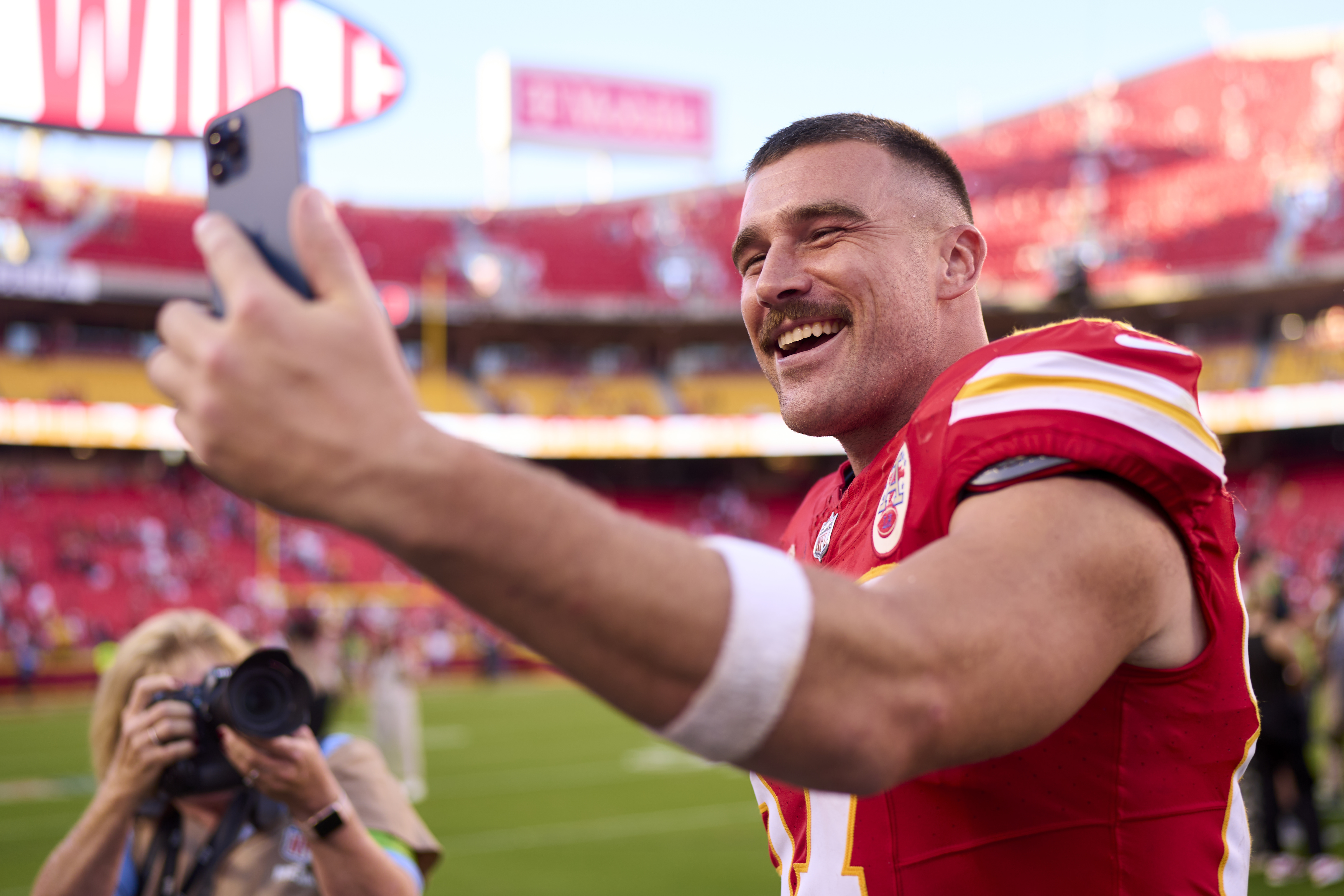 KANSAS CITY, MO - SEPTEMBER 24: Travis Kelce #87 of the Kansas City Chiefs celebrates after defeating the Chicago Bears at GEHA Field at Arrowhead Stadium on September 24, 2023 in Kansas City, Missouri.