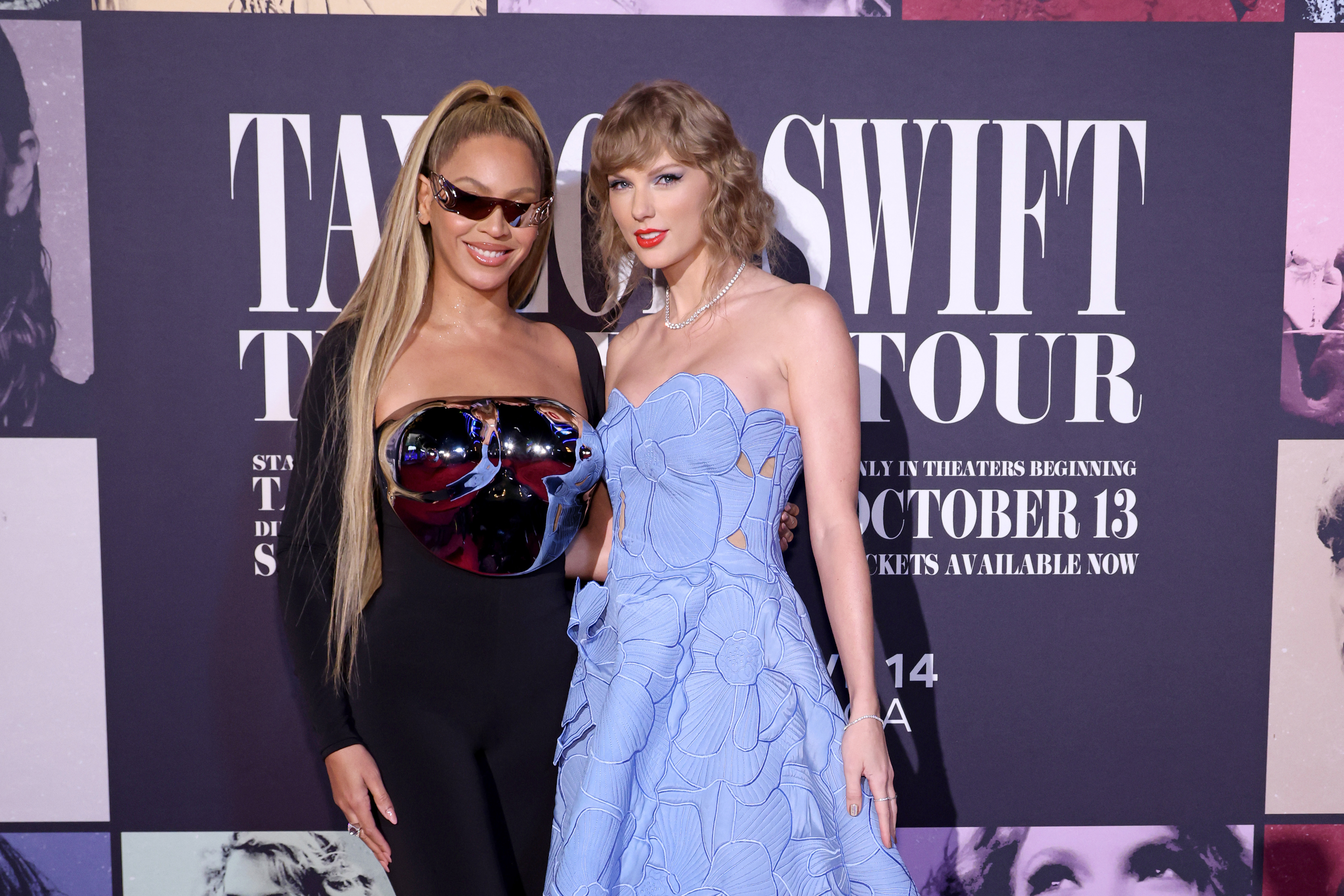 LOS ANGELES, CALIFORNIA - OCTOBER 11: (L-R) Beyonc&eacute; Knowles-Carter and Taylor Swift attend the "Taylor Swift: The Eras Tour" Concert Movie World Premiere at AMC The Grove 14 on October 11, 2023 in Los Angeles, California. 