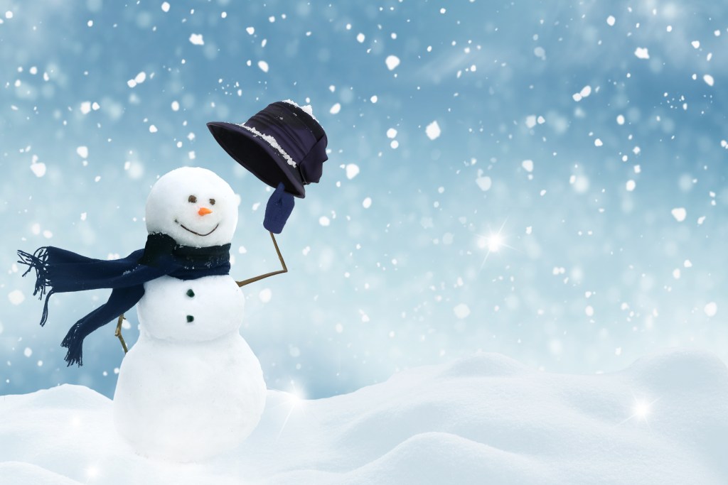 Happy snowman standing in winter christmas landscape.