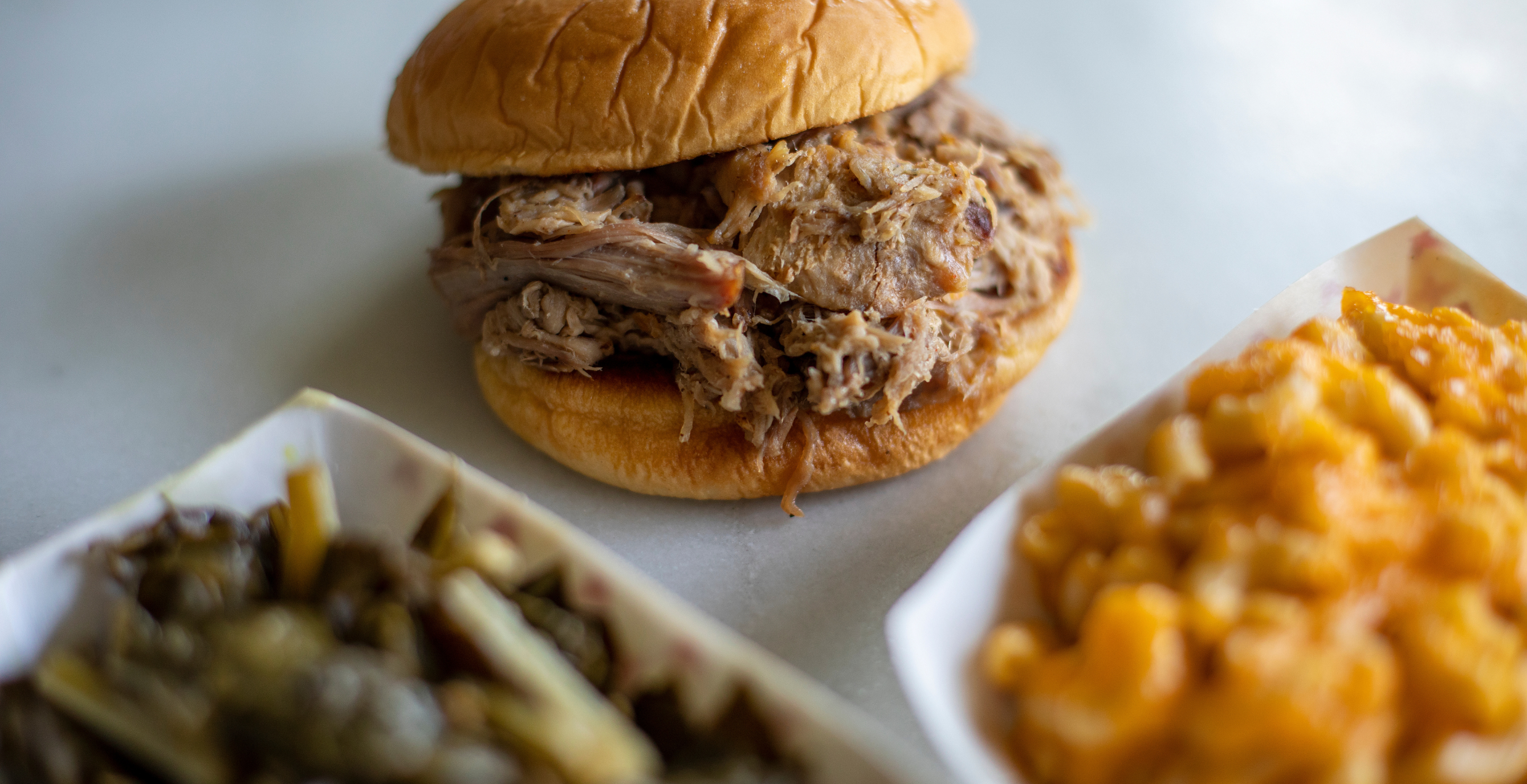 A pulled whole hog sandwich at Rodney Scott's Whole Hog BBQ on July 03, 2018 in Charleston, SC
