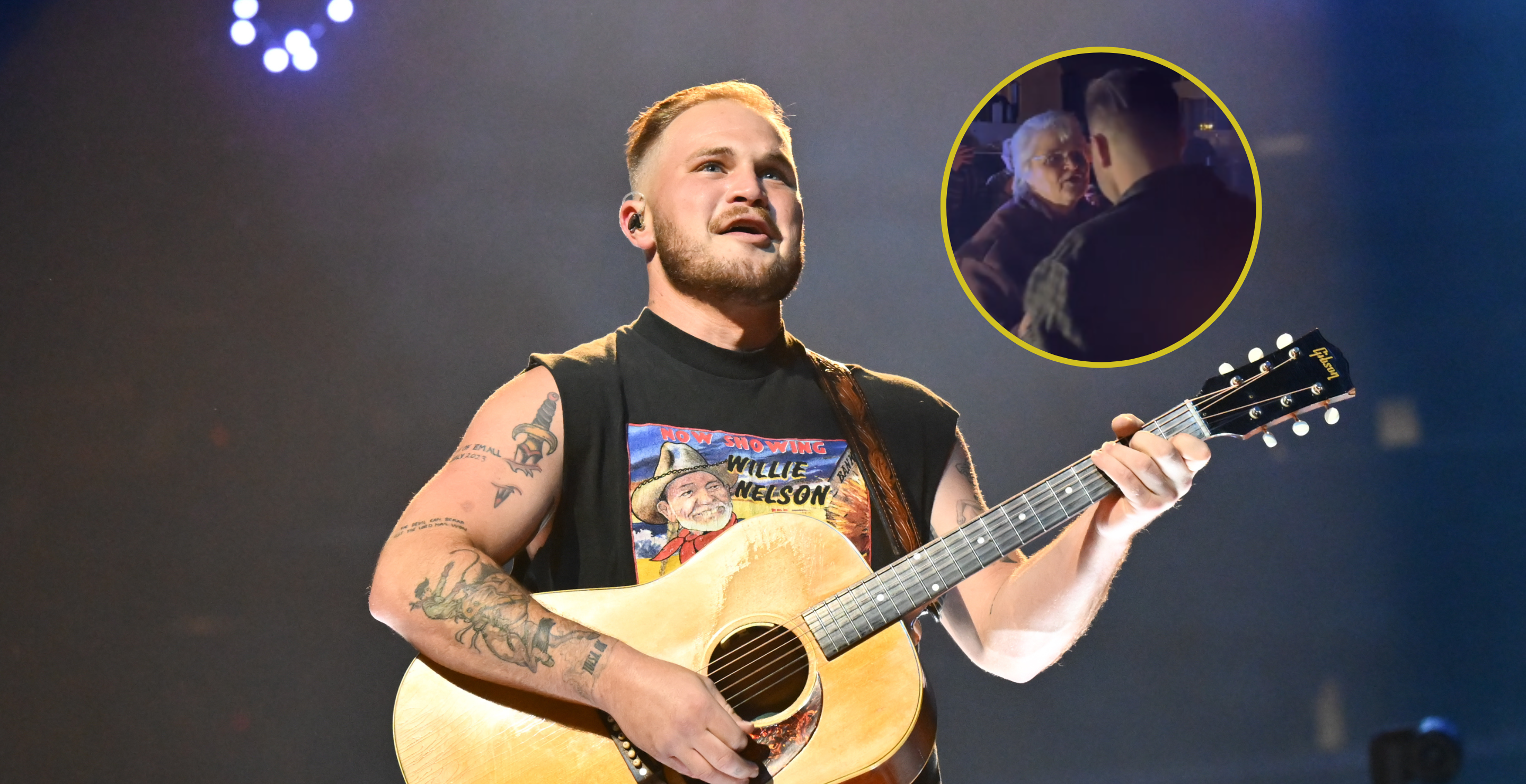 Zach Bryan performs during a concert held at the Crypto.com Arena on August 23, 2023 in Los Angeles, California and screengrab from the viral video of Bryan dancing with his grandma.