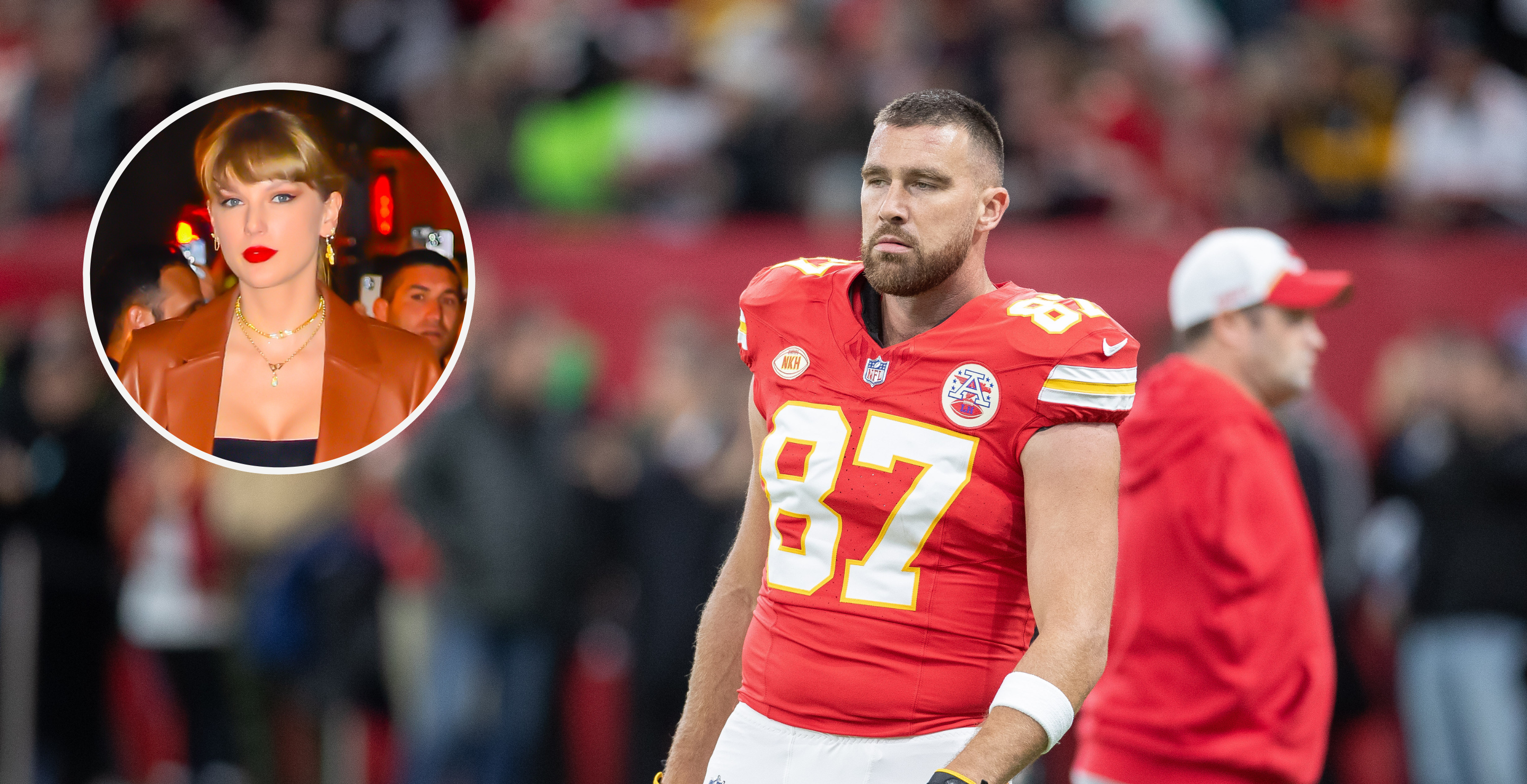 FRANKFURT AM MAIN, GERMANY - NOVEMBER 5: Travis Kelce of Kansas City Chiefs looks on during the NFL match between Miami Dolphins and Kansas City Chiefs at Deutsche Bank Park on November 5, 2023 in Frankfurt am Main, Germany and NEW YORK, NEW YORK - OCTOBER 27: Taylor Swift is seen in the West Village on October 27, 2023 in New York City.