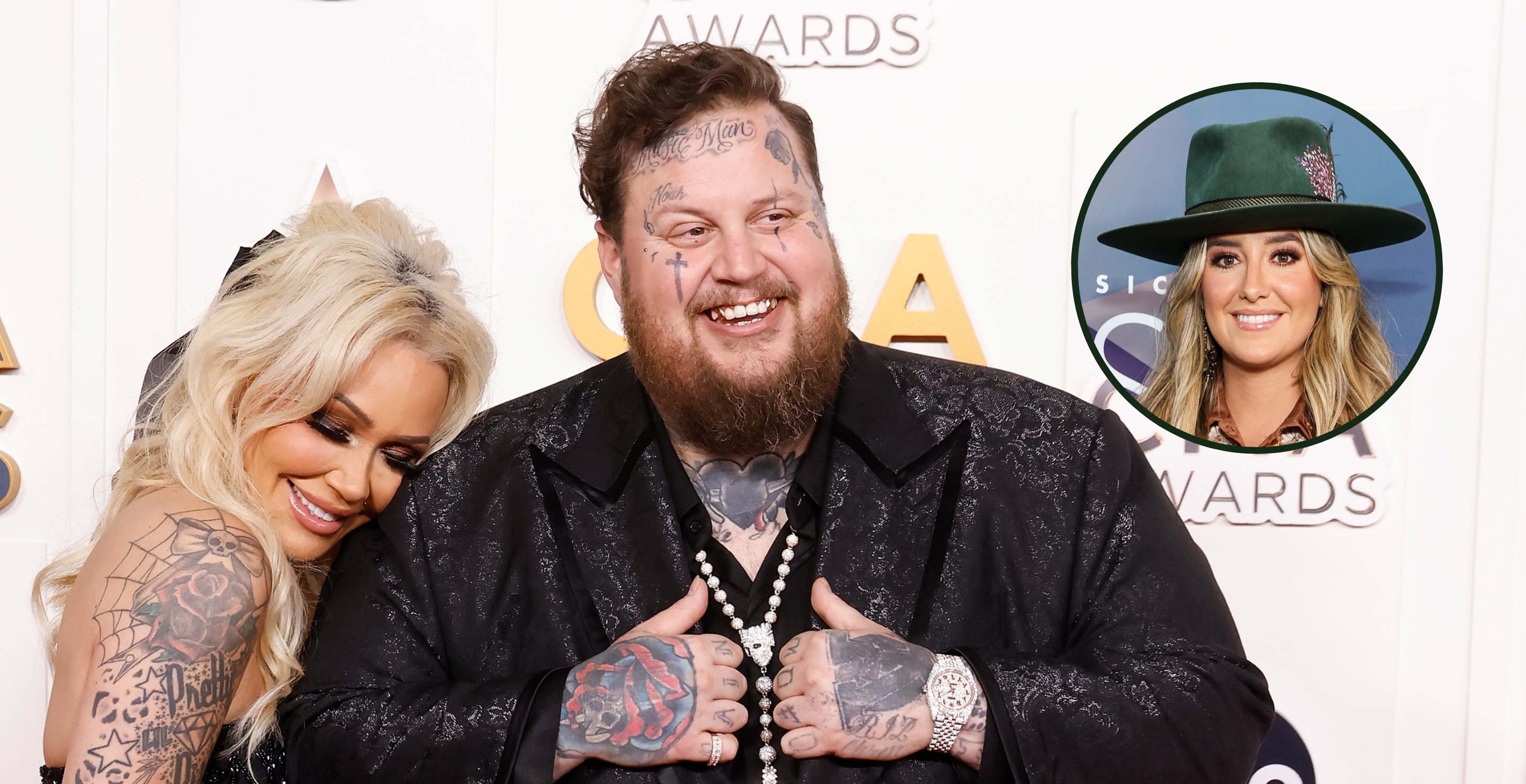 NASHVILLE, TENNESSEE - NOVEMBER 08: EDITORIAL USE ONLY: Bunnie Xo and Jelly Roll attend the 2023 CMA Awards at Bridgestone Arena on November 08, 2023 in Nashville, Tennessee.