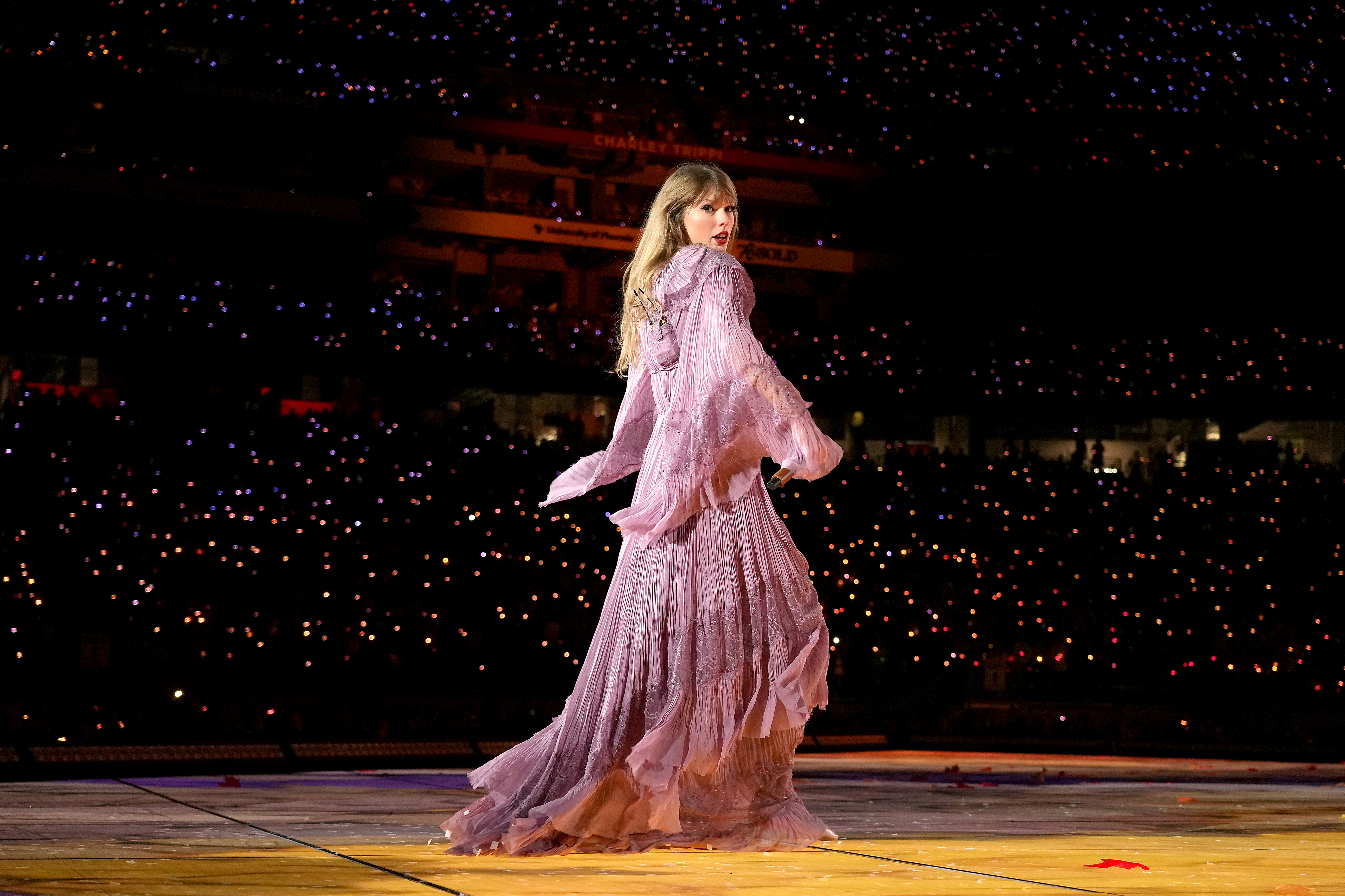 GLENDALE, ARIZONA - MARCH 17: Editorial use only and no commercial use at any time. No use on publication covers is permitted after August 9, 2023. Taylor Swift performs onstage for the opening night of "Taylor Swift | The Eras Tour" at State Farm Stadium on March 17, 2023 in Swift City, ERAzona (Glendale, Arizona). The city of Glendale, Arizona was ceremonially renamed to Swift City for March 17-18 in honor of The Eras Tour. 