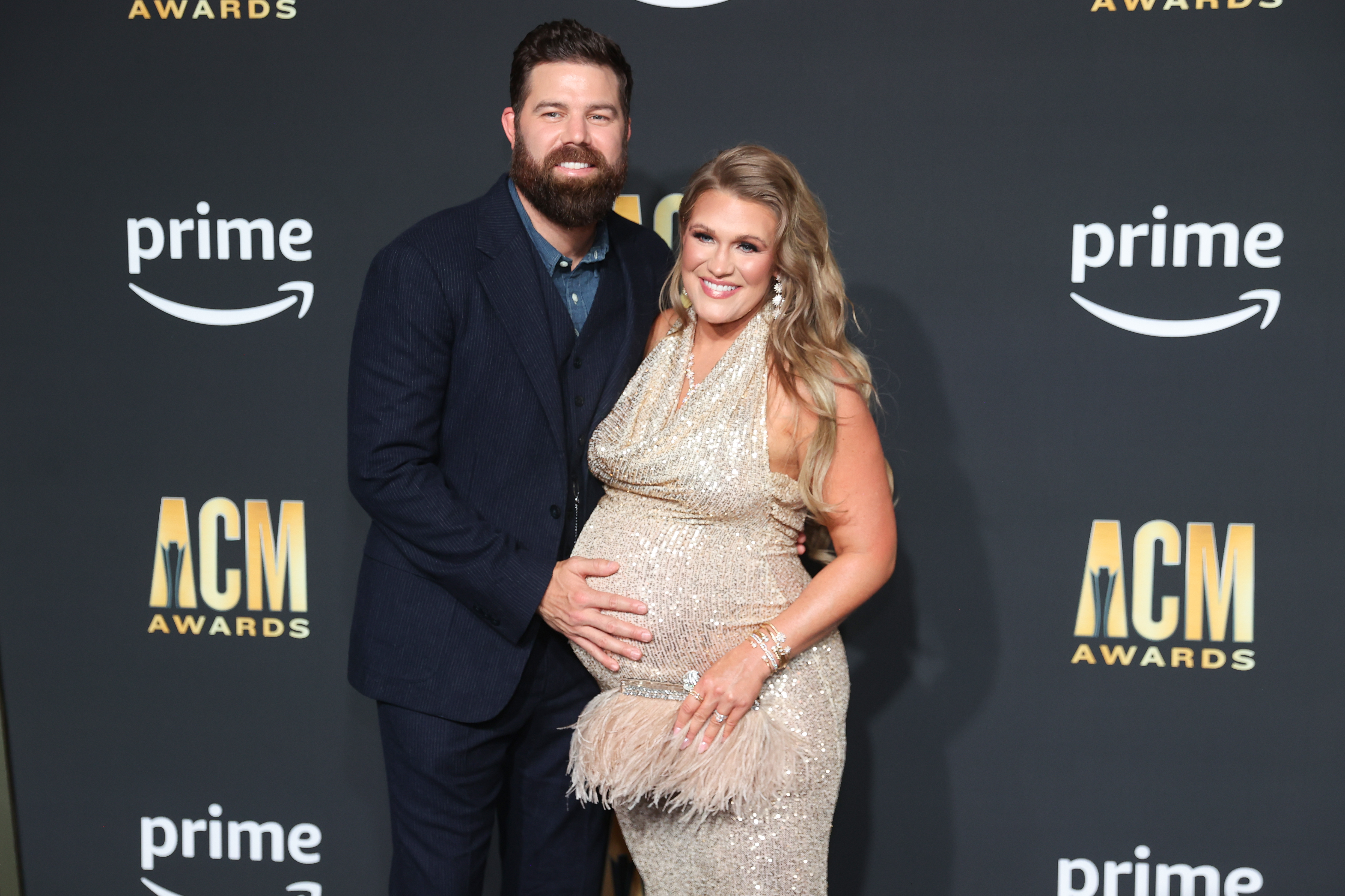 FRISCO, TEXAS - MAY 11: (L-R) Jordan Davis and Kristen O'Connor arrive for the 58th Academy of Country Music awards at The Ford Center at The Star on May 11, 2023 in Frisco, Texas. 