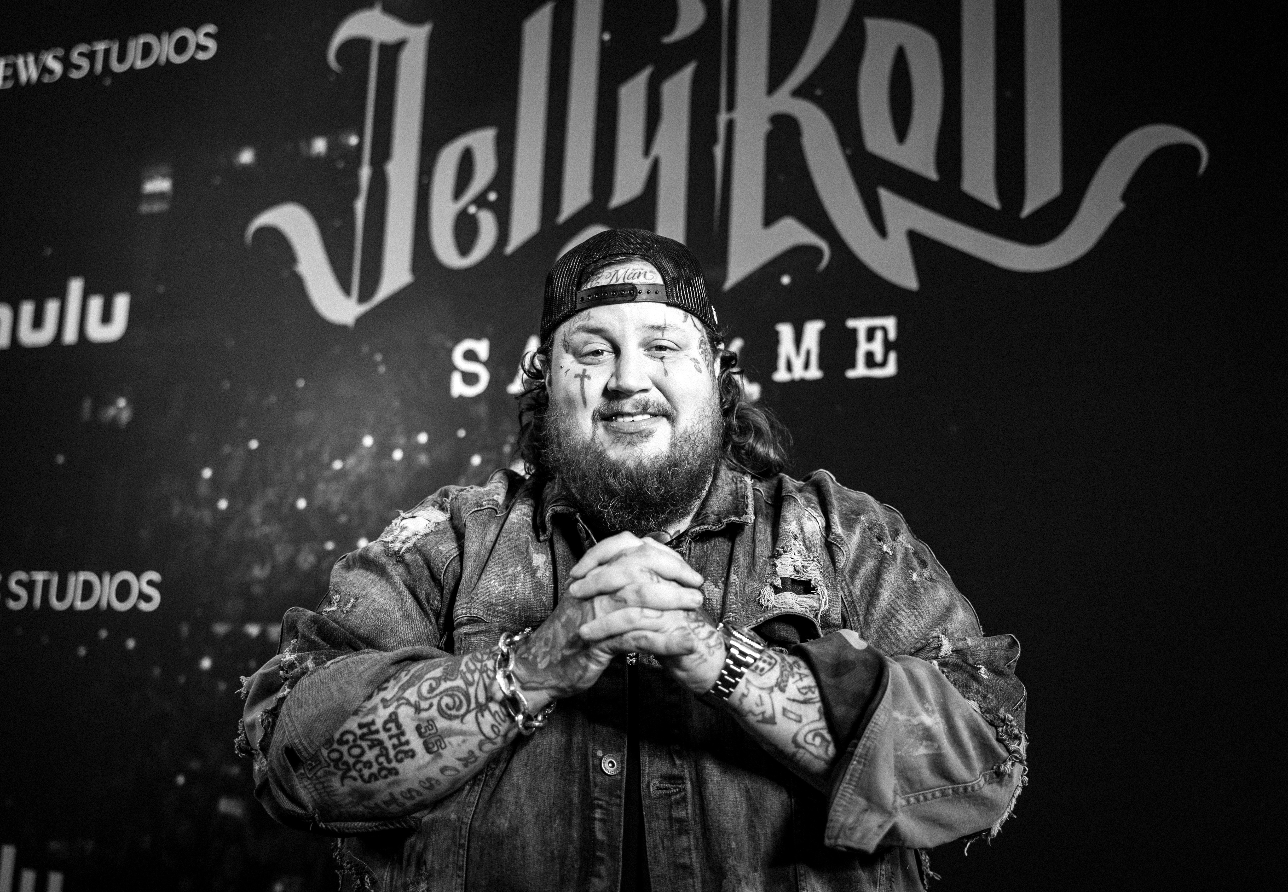 NASHVILLE, TENNESSEE - MAY 30: (Editors Note: Image has been converted to black & white. Color image is available.) Jelly Roll attends the "Jelly Roll: Save Me" Documentary World Premiere at the Ryman Auditorium on May 30, 2023 in Nashville, Tennessee. 