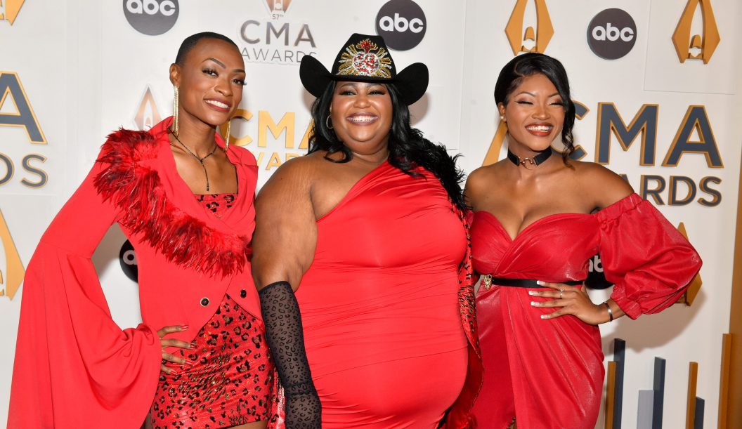 NASHVILLE, TENNESSEE - NOVEMBER 08: EDITORIAL USE ONLY (L-R) Trea Swindle, Danica Hart and Devynn Hart of Chapel Hart attend the 57th Annual CMA Awards at Bridgestone Arena on November 08, 2023 in Nashville, Tennessee.