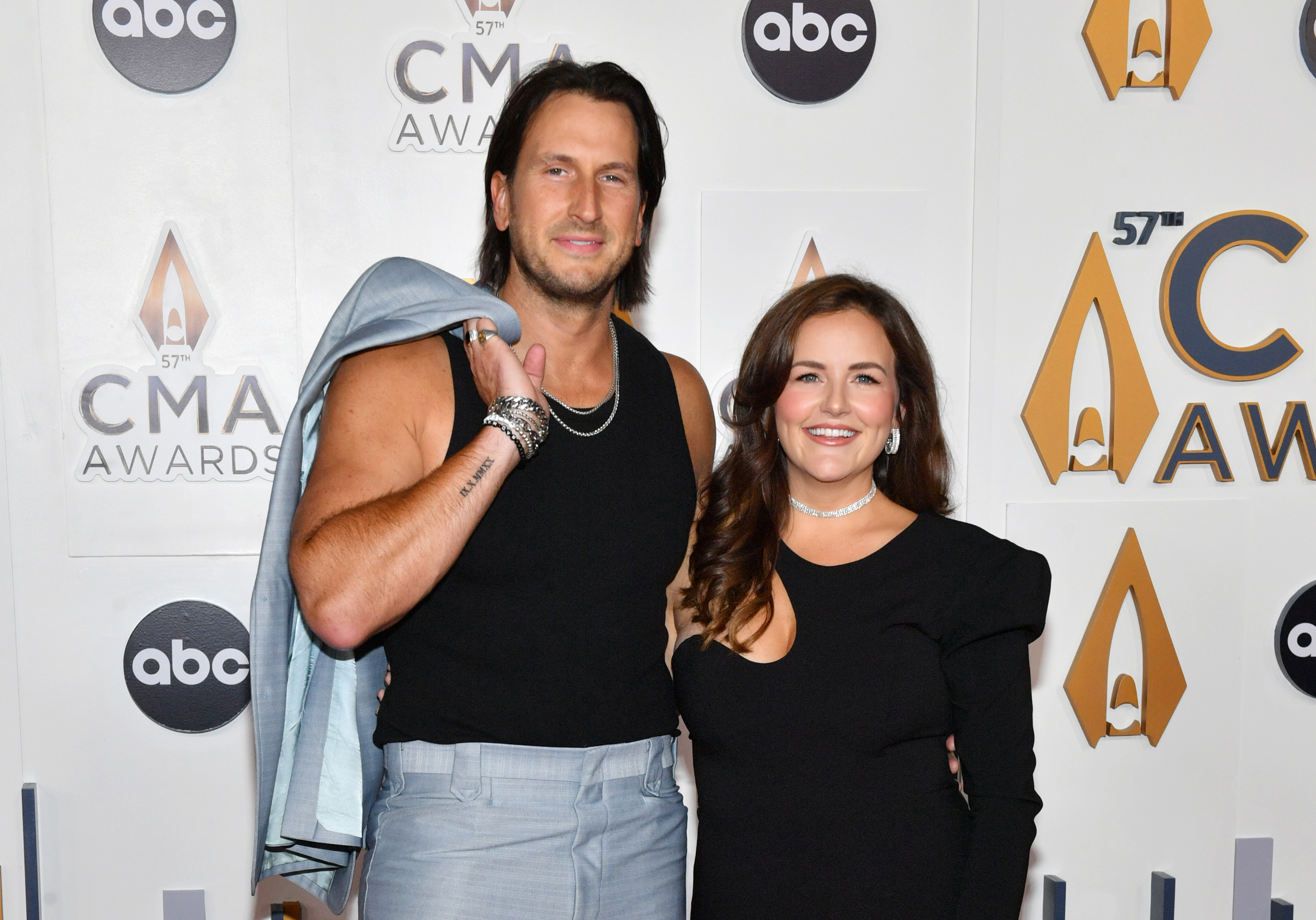 NASHVILLE, TENNESSEE - NOVEMBER 08: EDITORIAL USE ONLY (L-R) Russell Dickerson and Kailey Dickerson attend the 57th Annual CMA Awards at Bridgestone Arena on November 08, 2023 in Nashville, Tennessee. 