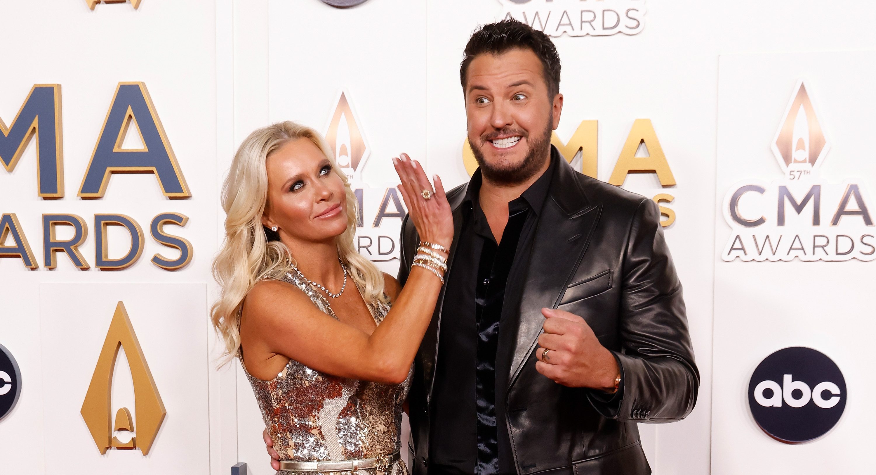 NASHVILLE, TENNESSEE - NOVEMBER 08: EDITORIAL USE ONLY: Caroline Boyer and Luke Bryan attend the 2023 CMA Awards at Bridgestone Arena on November 08, 2023 in Nashville, Tennessee.