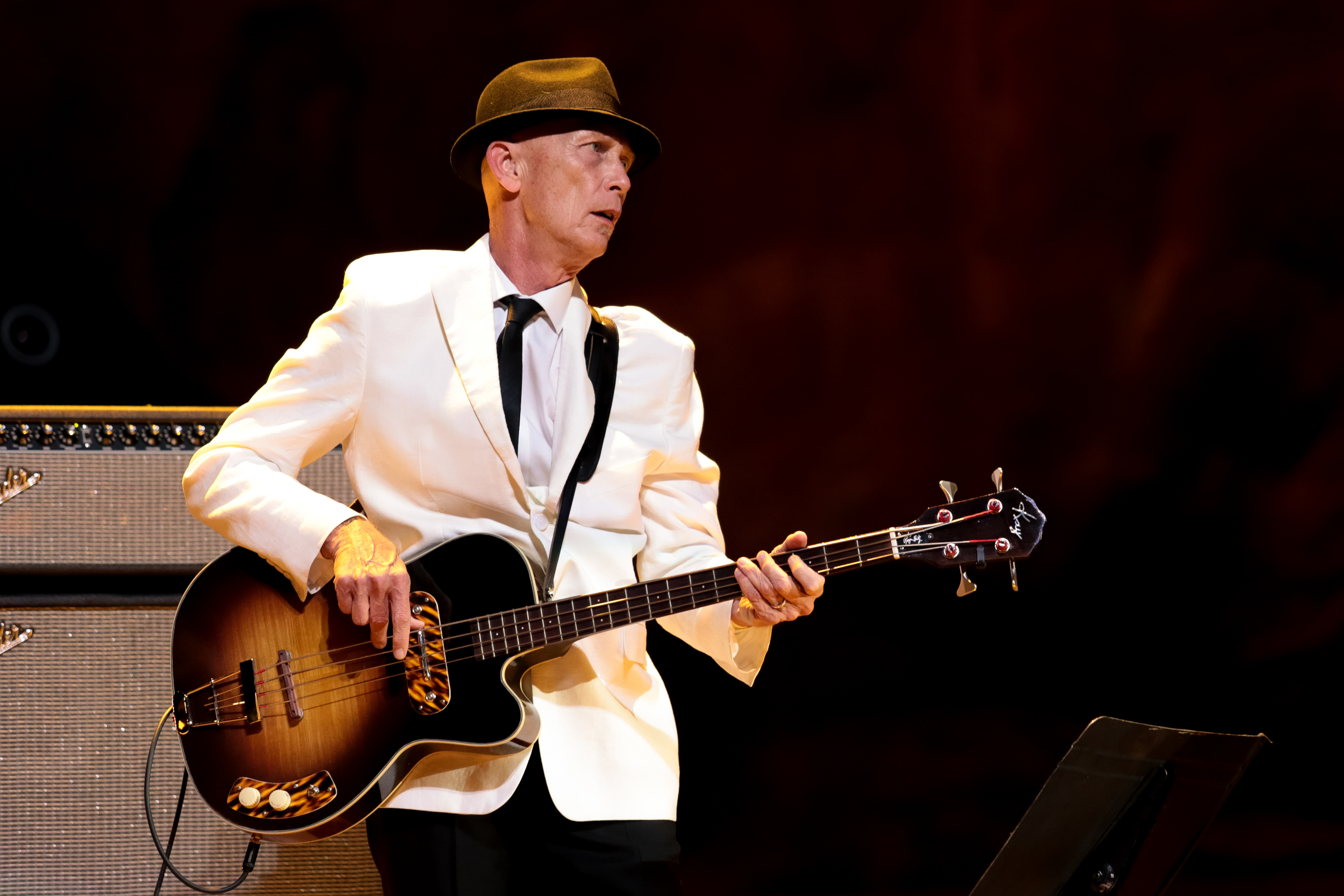 MORRISON, UNITED STATES - AUGUST 31: Michael Rhodes of Joe Bonamassa's band performs on stage at Red Rocks Amphitheatre on 31 August 2014 in Morrison, CO, United States of America. He is playing a Kay bass guitar.