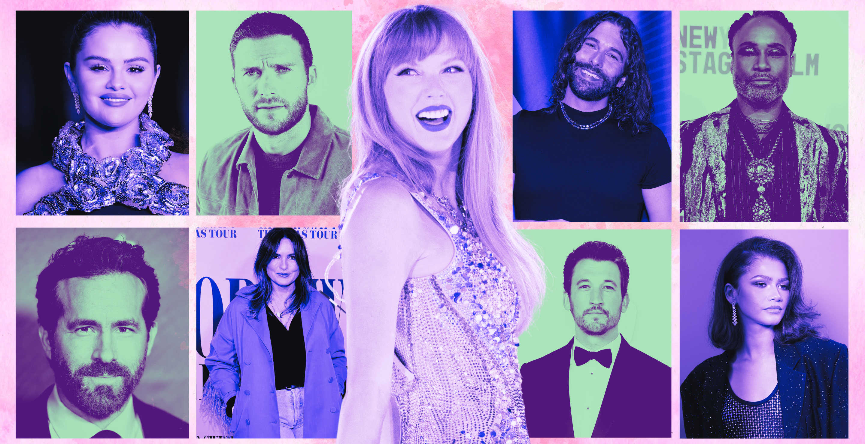 Selena Gomez, Scott Eastwood, Jonathan Van Ness, Billy Porter, Ryan Reynolds, Mariska Hargitay, Miles Teller, Zendaya. Center: Taylor Swift