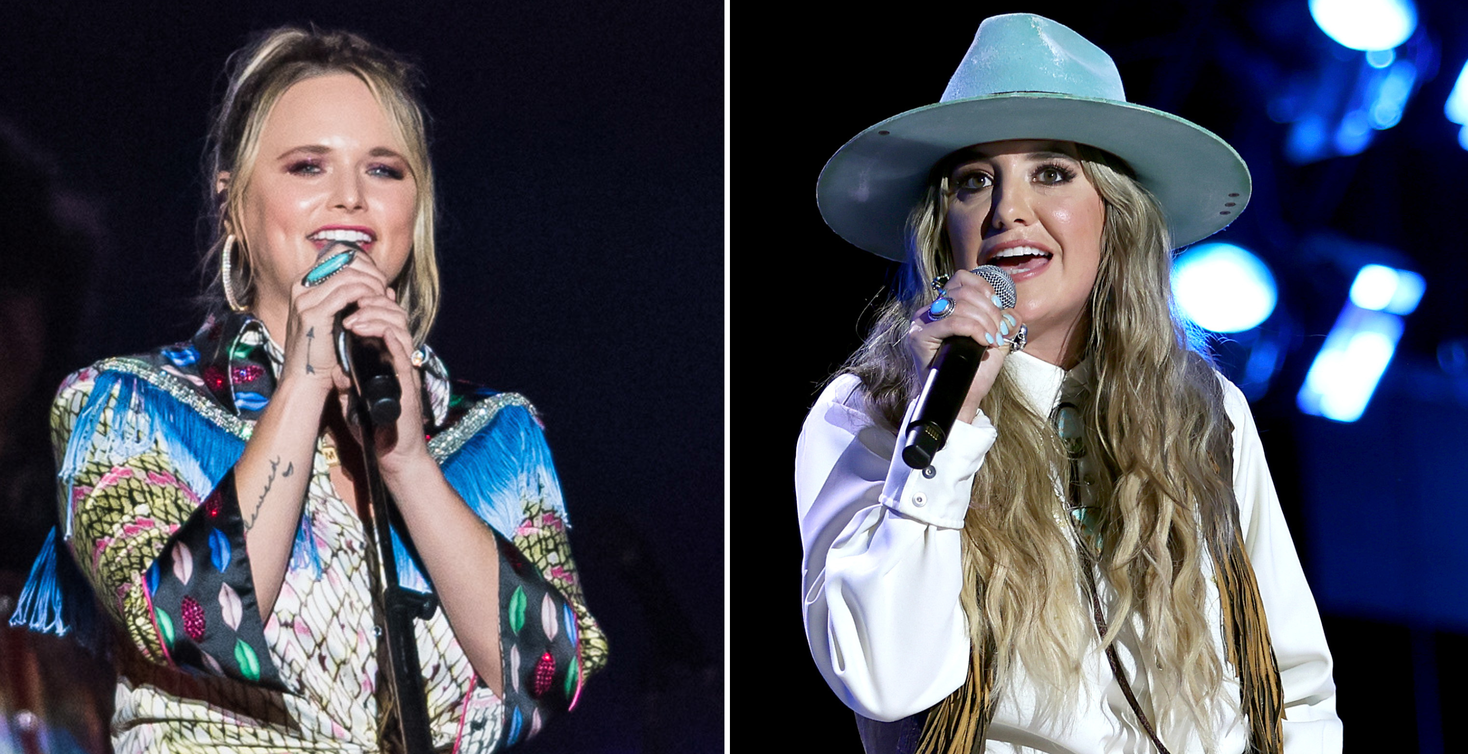 FORT LAUDERDALE, FLORIDA - NOVEMBER 12: Miranda Lambert performs during the 2021 Tortuga Music Festival on November 12, 2021 in Fort Lauderdale, Florida and NASHVILLE, TENNESSEE - JUNE 10: Lainey Wilson performs during day 2 of CMA Fest 2022 at Nissan Stadium on June 10, 2022 in Nashville, Tennessee. (