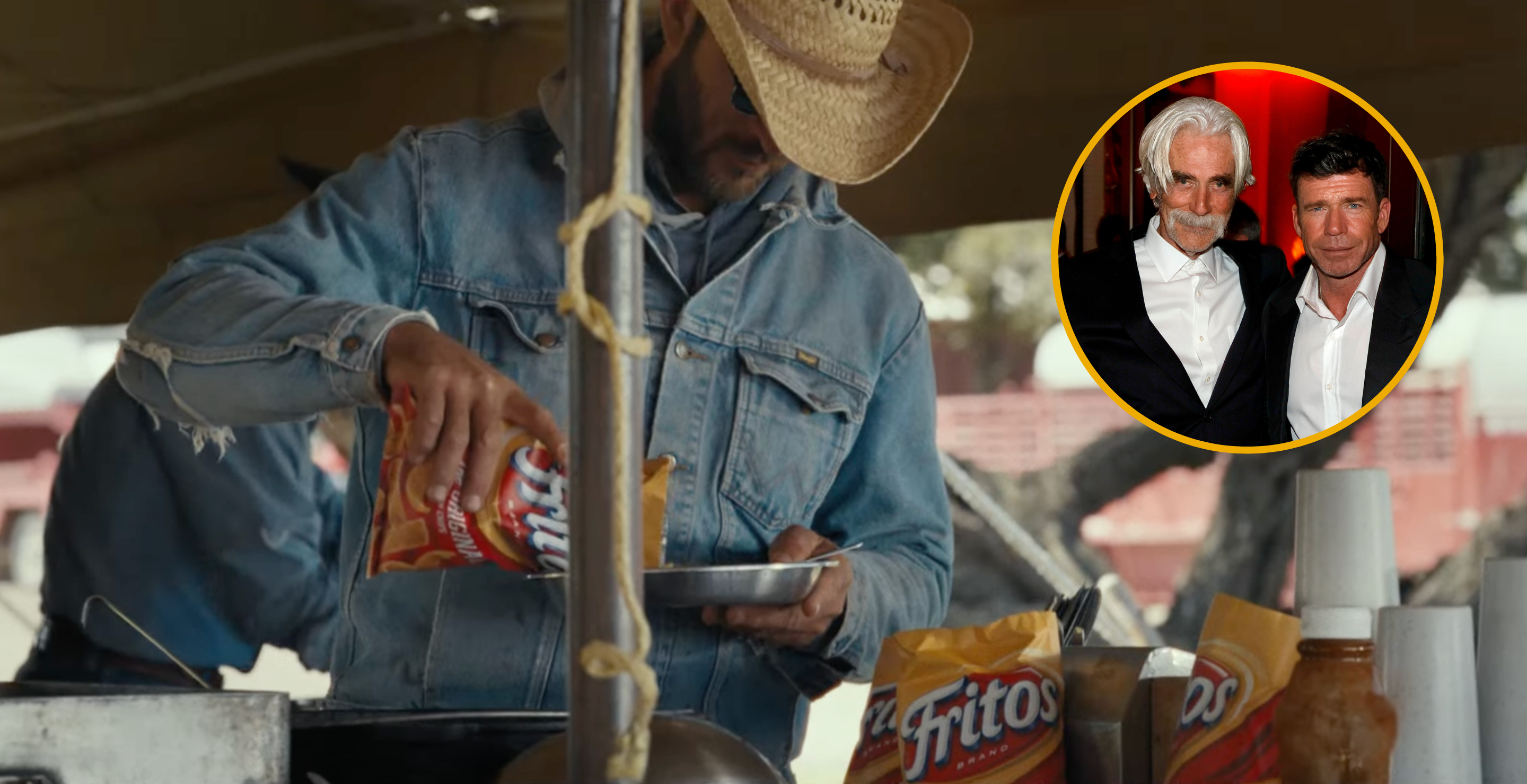 Frito's commercial screenshot/ Sam Elliott (L) and Taylor Sheridan attend the after party for the world premiere of "1883" at SW Steakhouse at Wynn Las Vegas on December 11, 2021 in Las Vegas, Nevada.