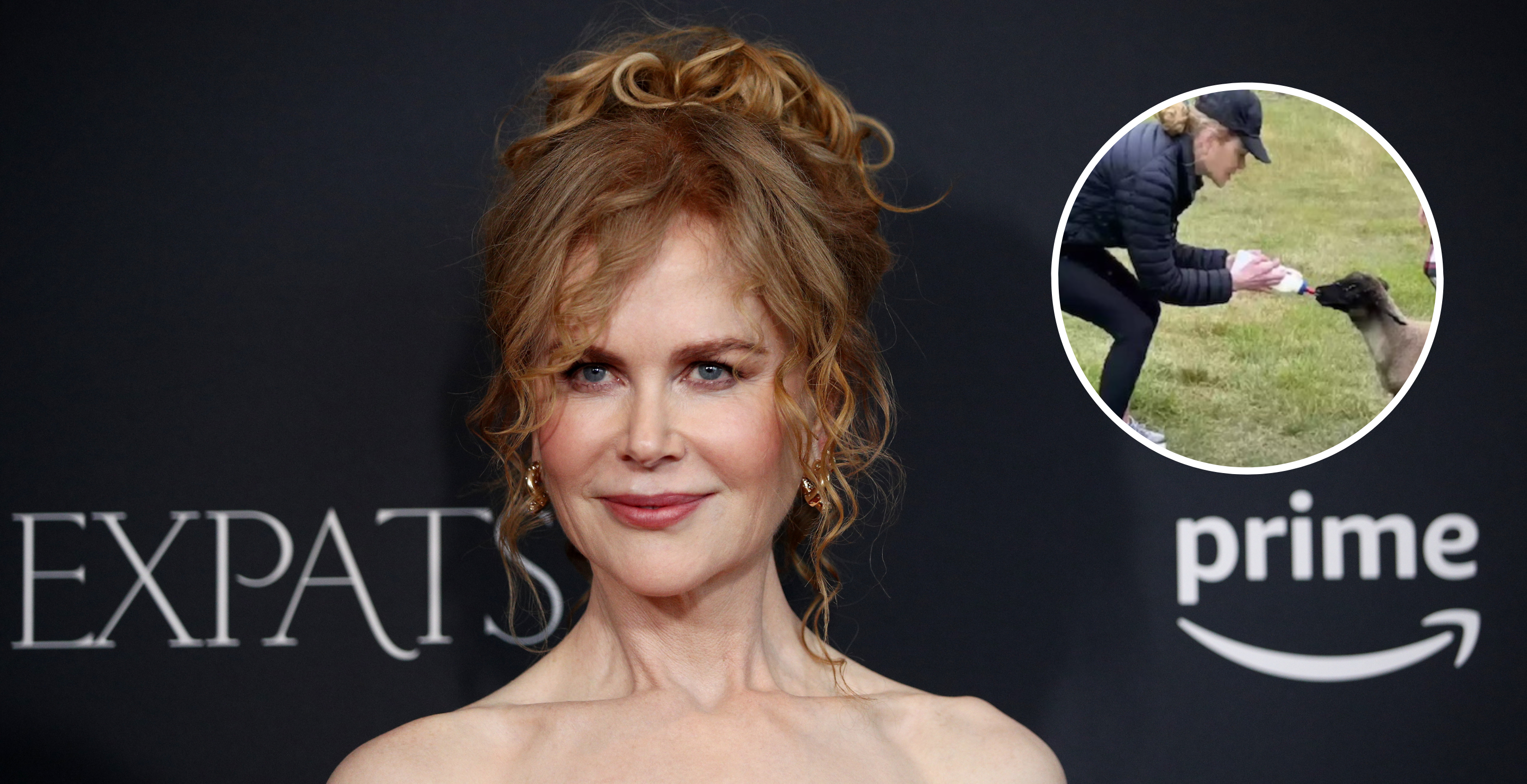 SYDNEY, AUSTRALIA - DECEMBER 20: Nicole Kidman attends a special screening of "Expats" at Palace Verona on December 20, 2023 in Sydney, New South Wales. and Kidman feeding a tiny lamb, via Instagram.