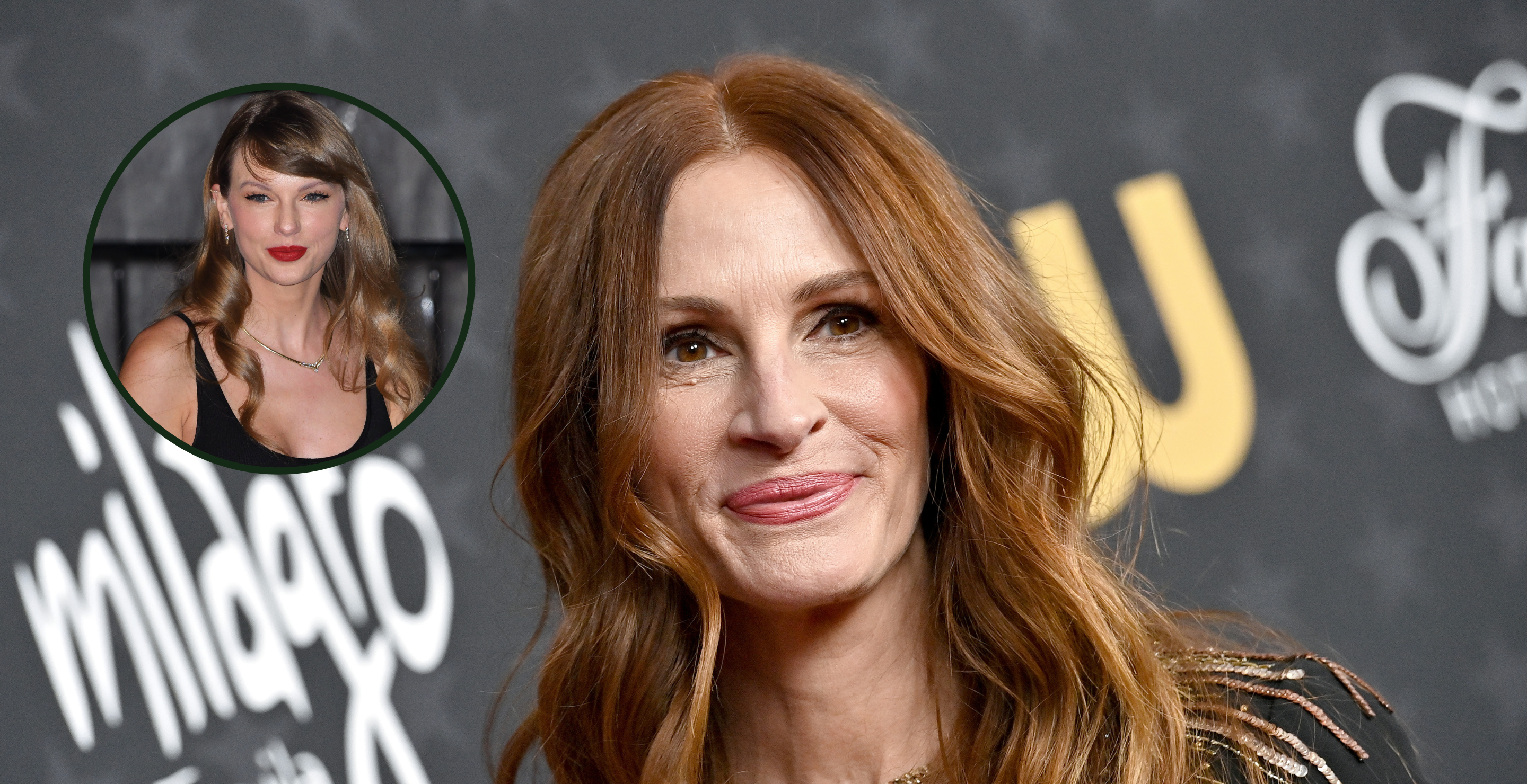 LOS ANGELES, CALIFORNIA - JANUARY 15: Julia Roberts attends the 28th Annual Critics Choice Awards at Fairmont Century Plaza on January 15, 2023 in Los Angeles, California and NEW YORK, NEW YORK - DECEMBER 06: Taylor Swift leaves the "Poor Things" premiere at DGA Theater on December 06, 2023 in New York City.