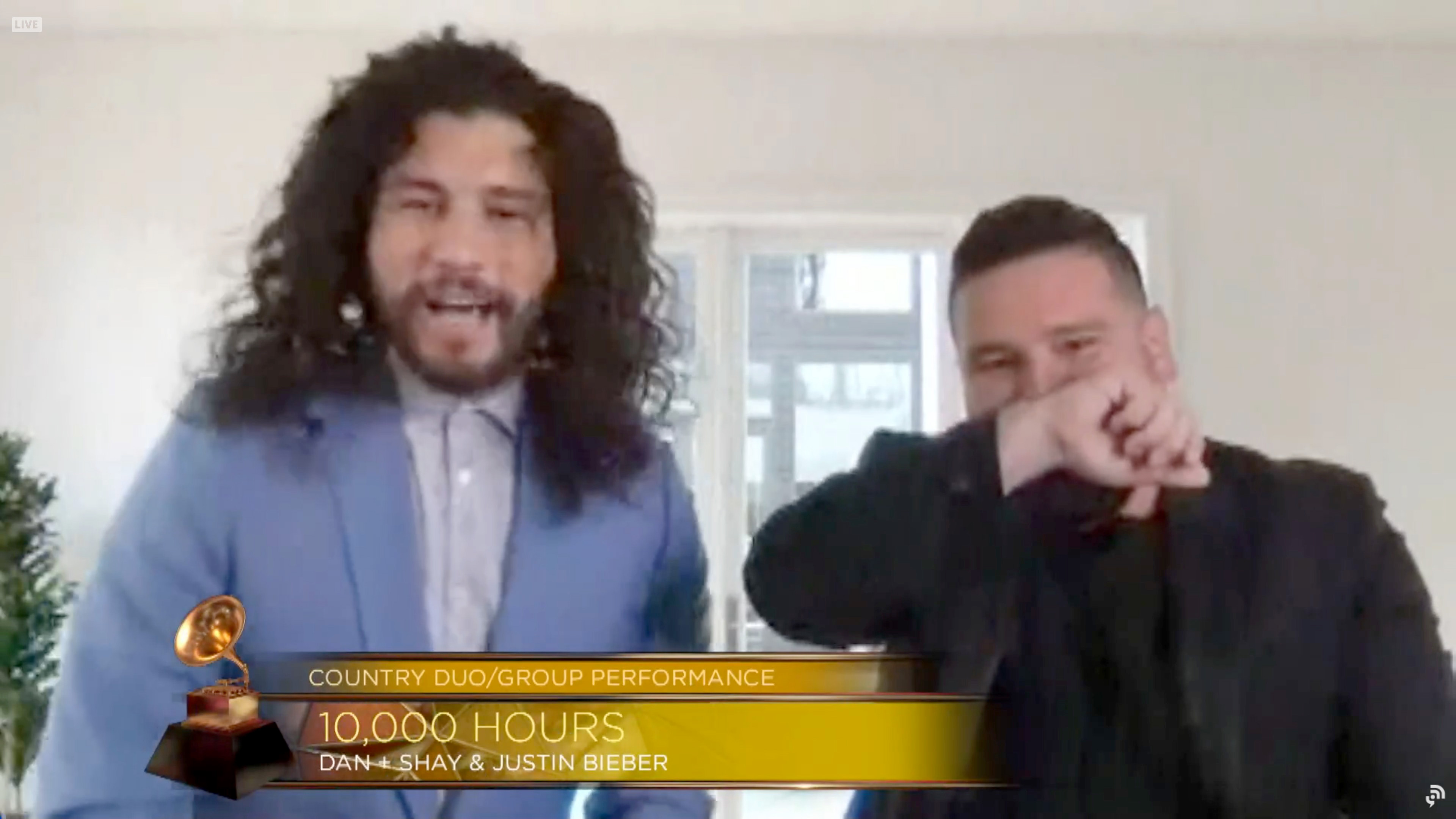 UNSPECIFIED: In this screengrab released on March 14, (L-R) Dan Smyers and Shay Mooney of music group Dan + Shay accept the Best Country Duo/Group Performance for '10,000 Hours' (with Justin Bieber) at the 63rd Annual GRAMMY Awards Premiere Ceremony broadcast on March 14, 2021. 