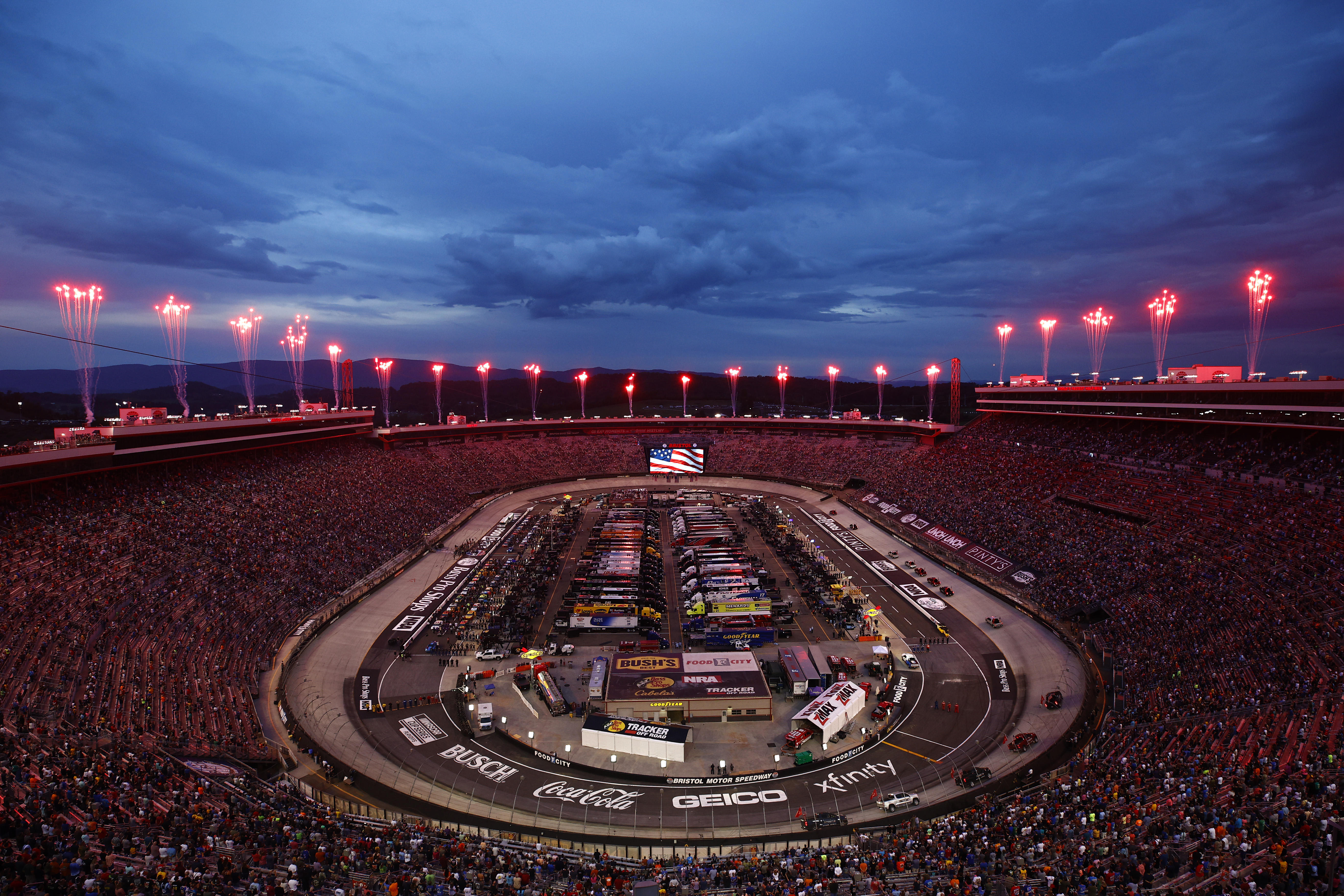 BRISTOL, TENNESSEE - SEPTEMBER 18: A general view of the speedway during pre-race ceremonies prior to the NASCAR Cup Series Bass Pro Shops Night Race at Bristol Motor Speedway on September 18, 2021 in Bristol, Tennessee. 