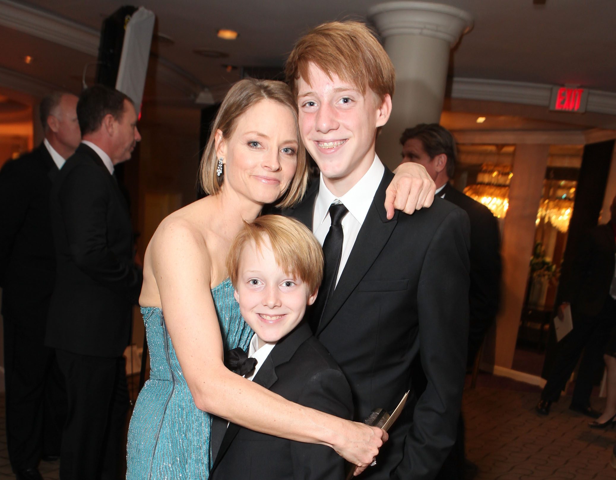 BEVERLY HILLS, CA - JANUARY 15: (L-R) Jodie Foster, Christopher Foster and Charlie Foster at Sony Pictures Golden Globes Party held at The Beverly Hilton Hotel on January 15, 2012 in Beverly Hills, California.