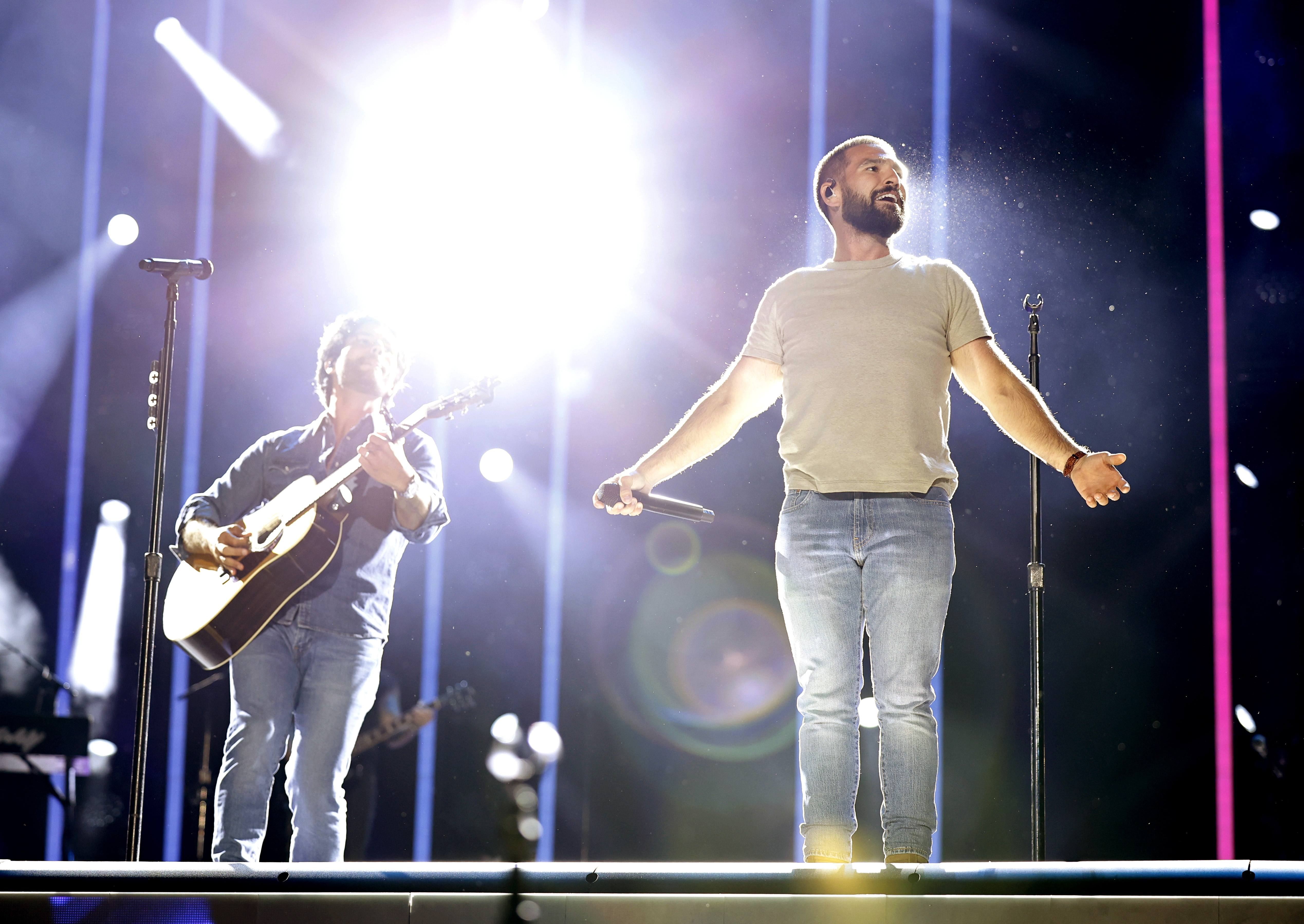 NASHVILLE, TENNESSEE - JUNE 08: (L-R) Shay Mooney and Dan Smyers of Dan + Shay perform on stage during day one of CMA Fest on June 08, 2023 in Nashville, Tennessee. 