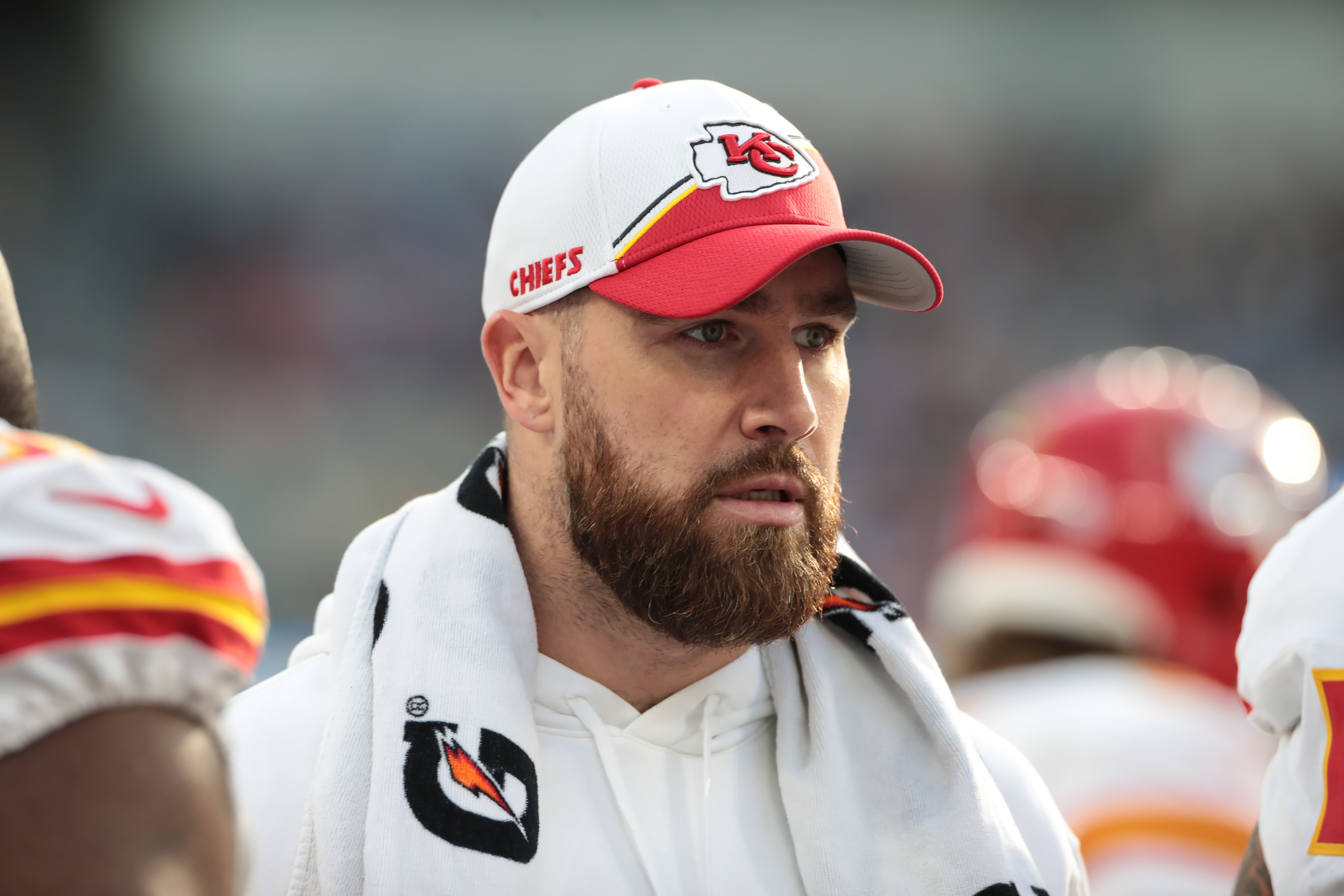 INGLEWOOD, CA - JANUARY 07: Kansas City Chiefs tight end Travis Kelce (87) during the NFL game between the Kansas City Chiefs and the Los Angeles Chargers on January 07, 2024, at SoFi Stadium in Inglewood, CA.