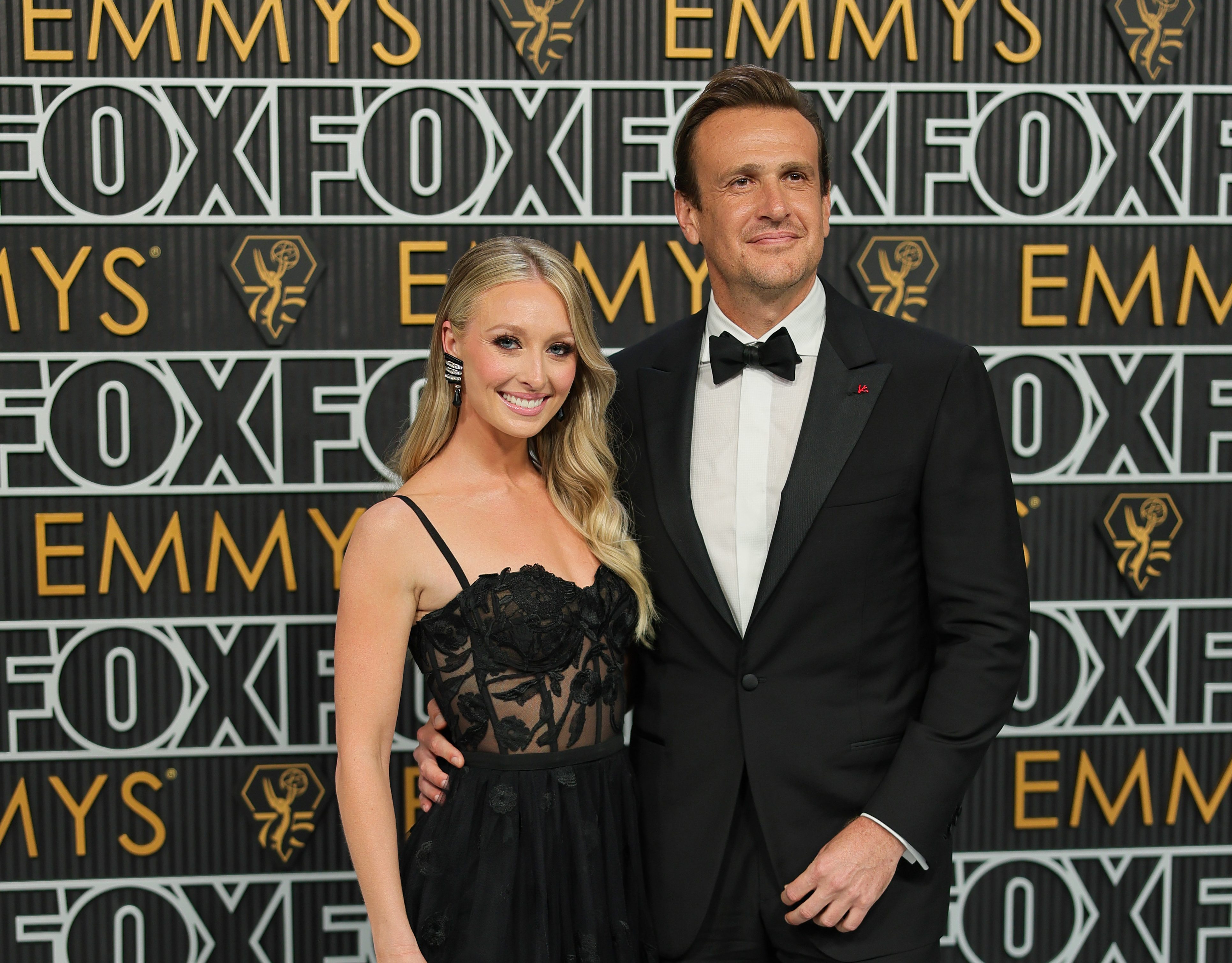 LOS ANGELES, CALIFORNIA - JANUARY 15: (L-R) Kayla Radomski and Jason Segel attend the 75th Primetime Emmy Awards at Peacock Theater on January 15, 2024 in Los Angeles, California.