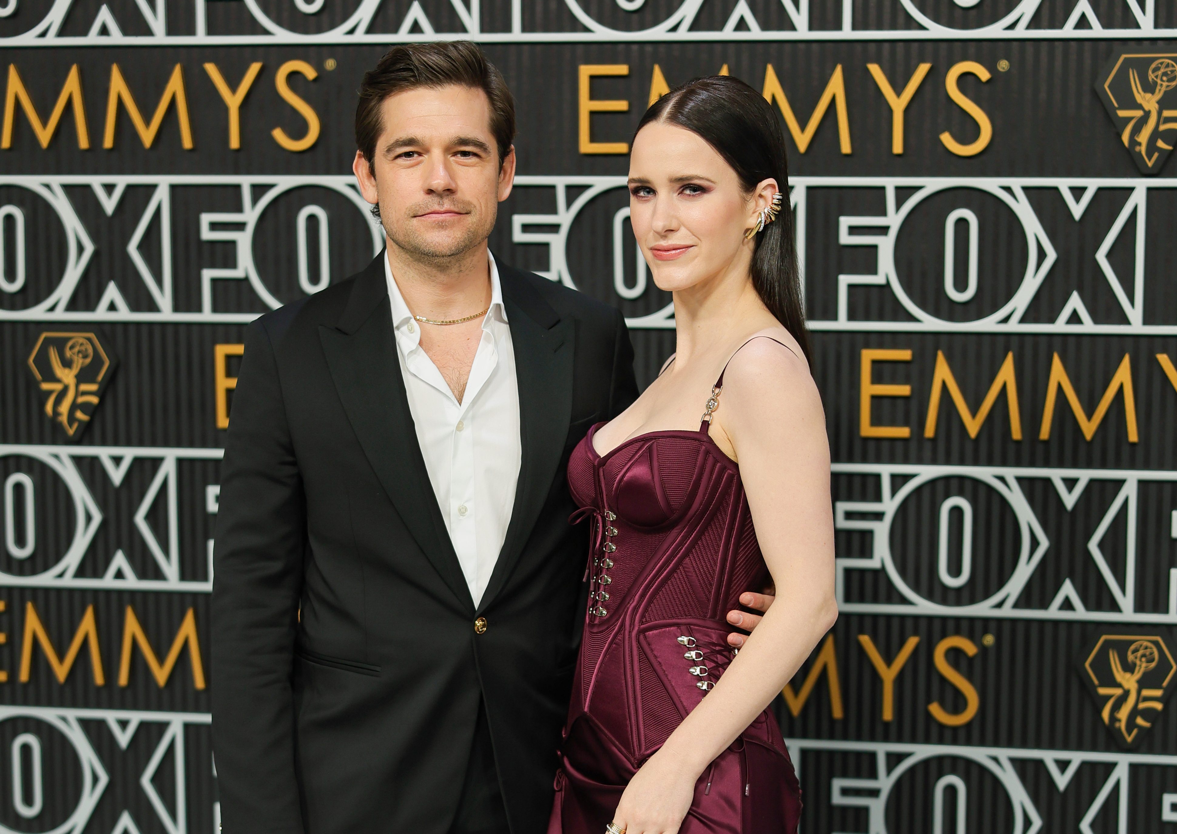 LOS ANGELES, CALIFORNIA - JANUARY 15: (L-R) Jason Ralph and Rachel Brosnahan attend the 75th Primetime Emmy Awards at Peacock Theater on January 15, 2024 in Los Angeles, California. 