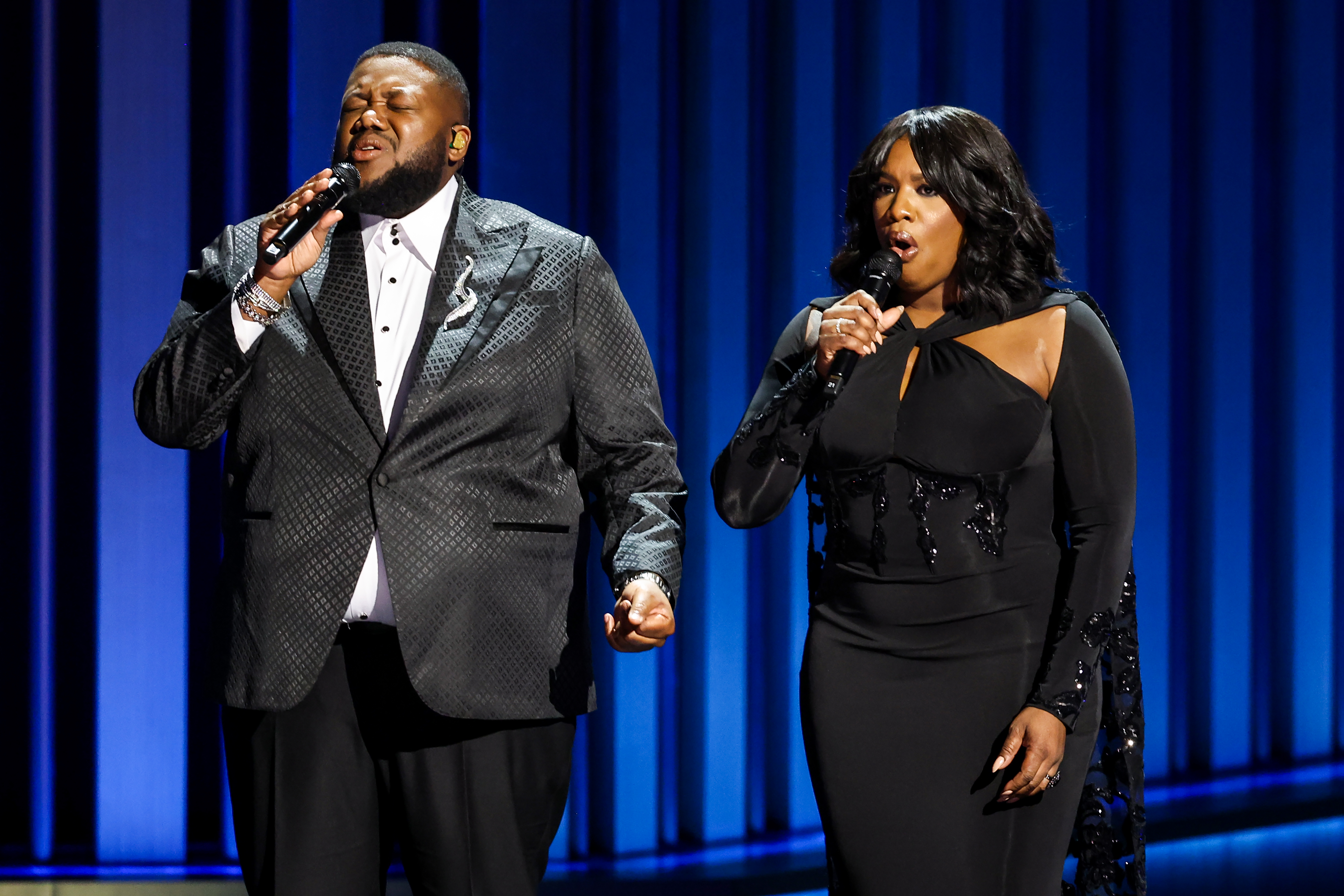 LOS ANGELES, CALIFORNIA - JANUARY 15: (L-R) Michael Trotter Jr. and Tanya Trotter of The War and Treaty perform onstage during the 75th Primetime Emmy Awards at Peacock Theater on January 15, 2024 in Los Angeles, California. 