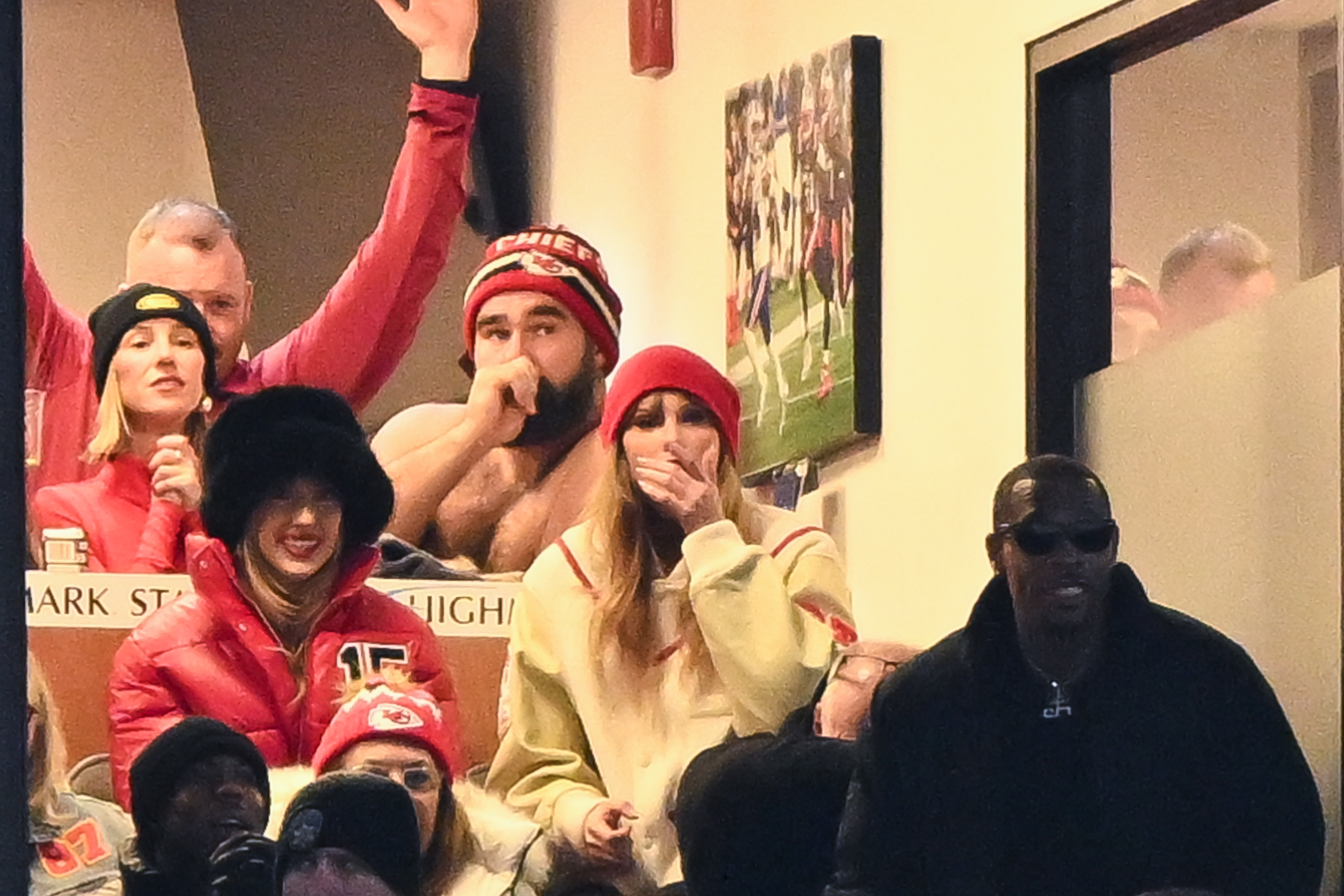 ORCHARD PARK, NY - JANUARY 21: Brittany Mahomes, Jason Kelce, and Taylor Swift react during the second half of the AFC Divisional Playoff game between the Kansas City Chiefs and the Buffalo Bills at Highmark Stadium on January 21, 2024 in Orchard Park, New York