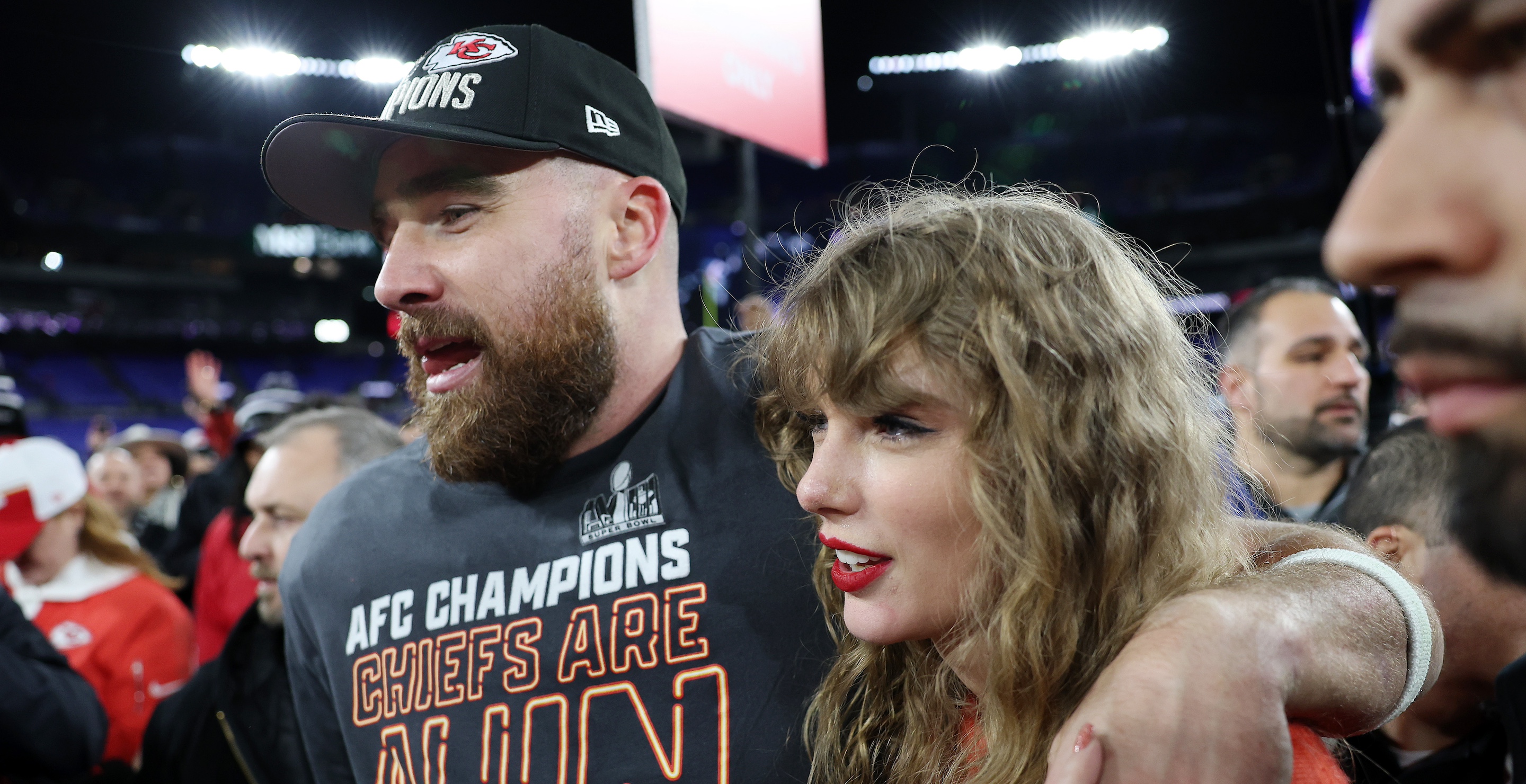 BALTIMORE, MARYLAND - JANUARY 28: Travis Kelce #87 of the Kansas City Chiefs celebrates with Taylor Swift after a 17-10 victory against the Baltimore Ravens in the AFC Championship Game at M&T Bank Stadium on January 28, 2024 in Baltimore, Maryland.