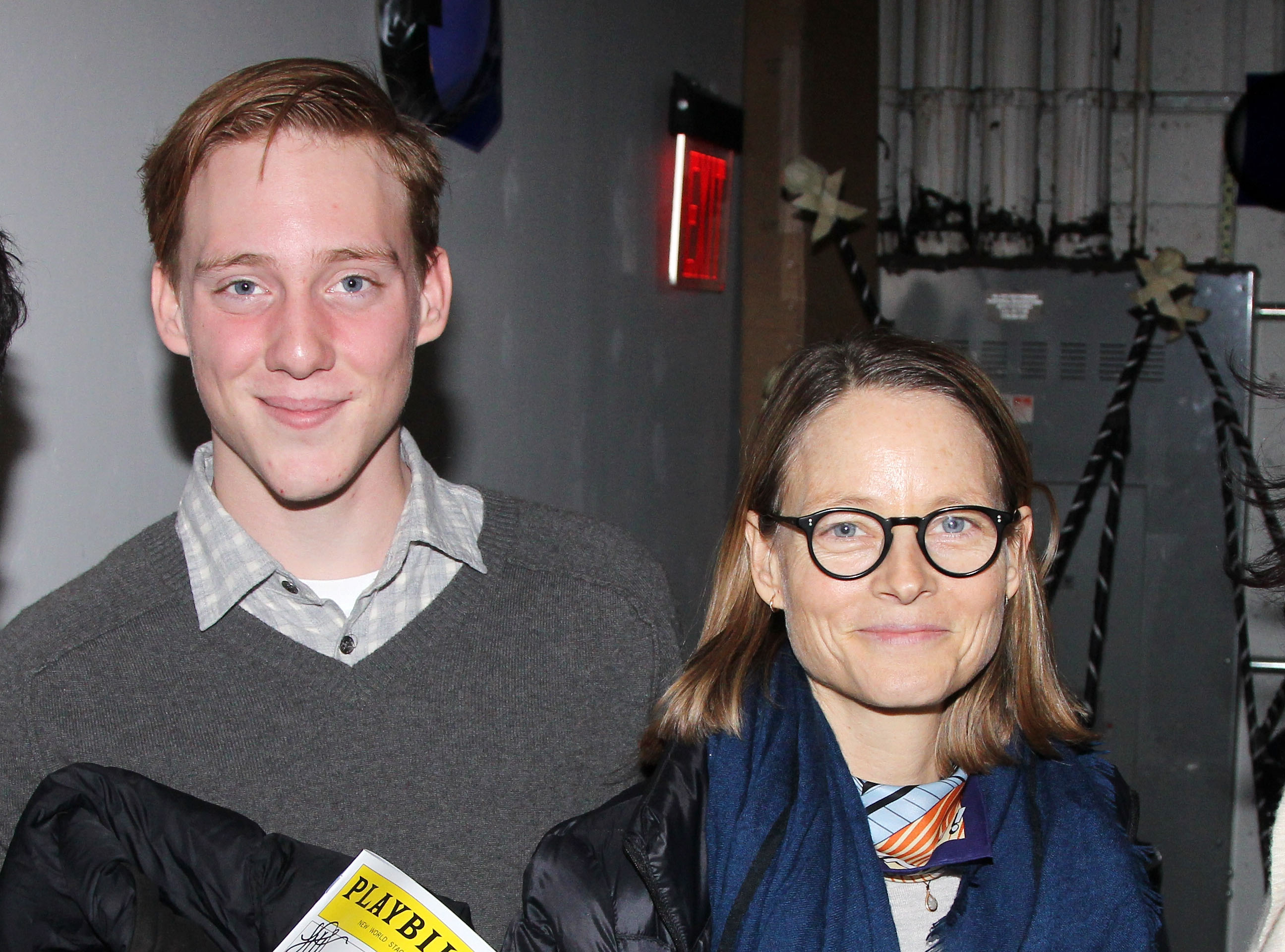NEW YORK, NY - FEBRUARY 15: (EXCLUSIVE COVERAGE) Charlie Foster and mother Jodie Foster pose backstage at the new Macabre Musical Play "Nevermore: The Imaginary Life and Mysterious Death of Edgar Allan Poe" at New World Stages on February 15, 2015 in New York City. 