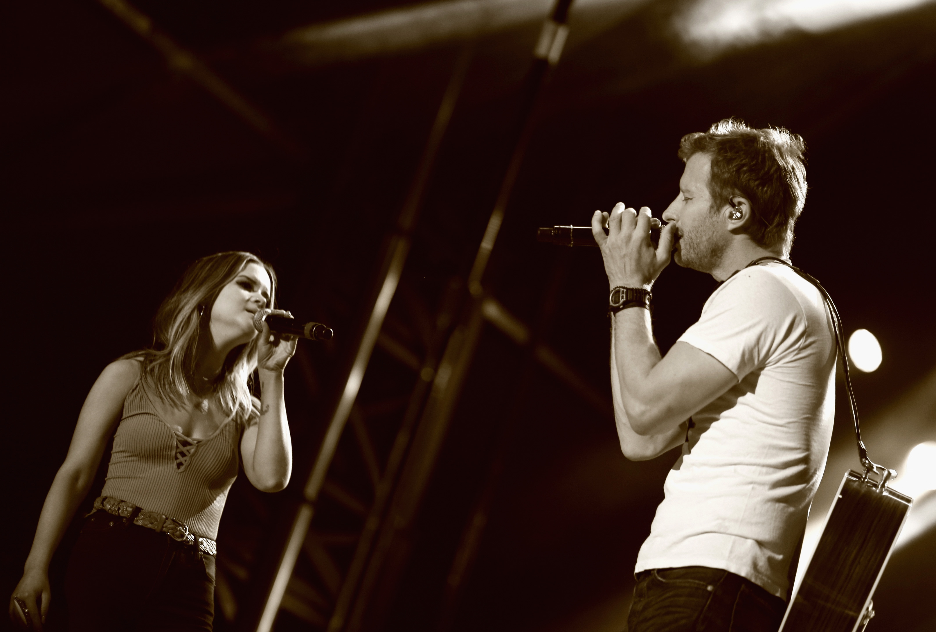 LAS VEGAS, NEVADA - APRIL 02: (EDITORS NOTE: This image was processed using digital filters.) Singers Maren Morris (L) and Dierks Bentley perform onstage at the 4th ACM Party for a Cause Festival at the Las Vegas Festival Grounds on April 2, 2016 in Las Vegas, Nevada. 