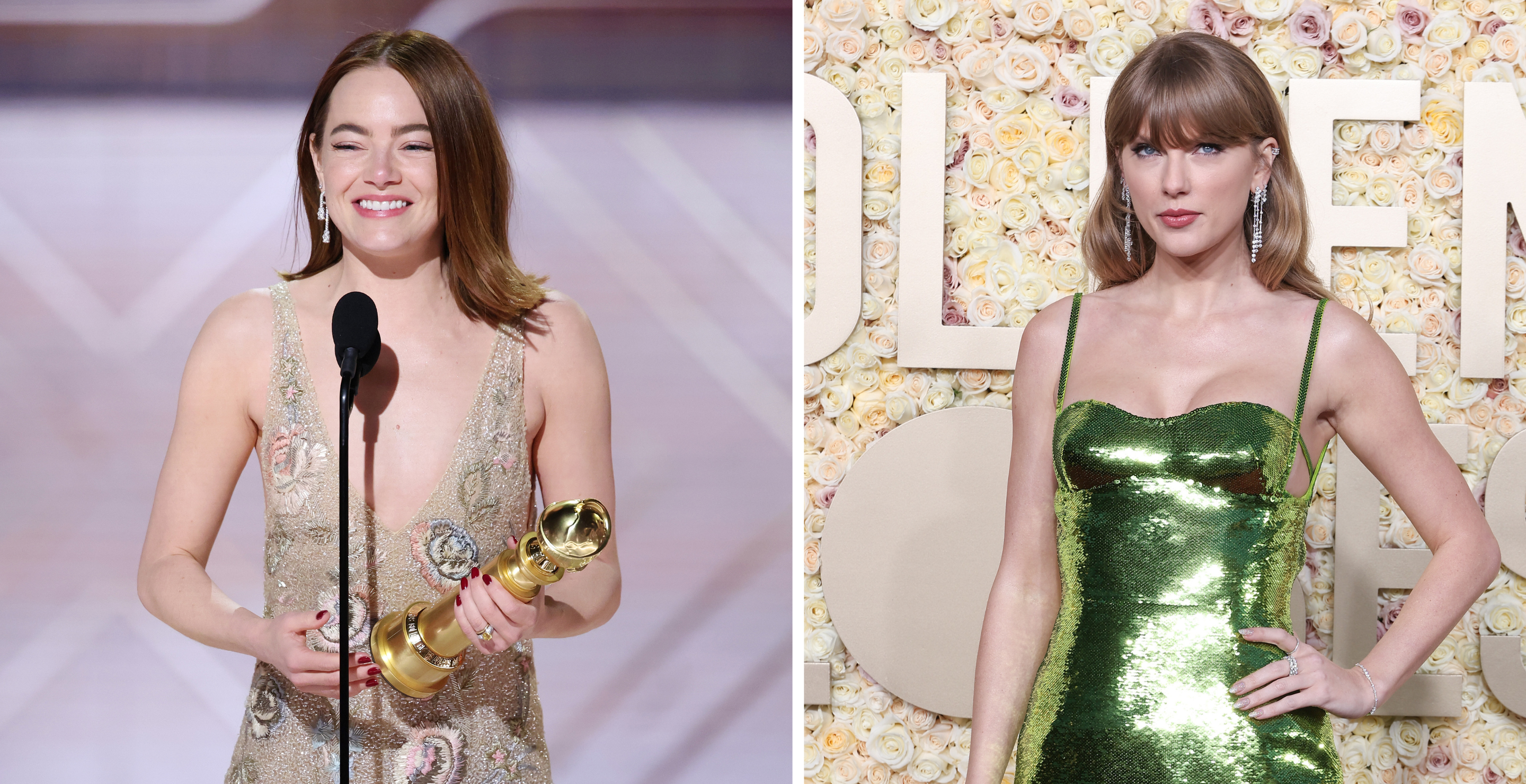 Emma Stone accepts the award for Best Performance by a Female Actor in a Motion Picture Musical or Comedy for "Poor Things" at the 81st Golden Globe Awards held at the Beverly Hilton Hotel on January 7, 2024 in Beverly Hills, California/ Taylor Swift at the 81st Golden Globe Awards held at the Beverly Hilton Hotel on January 7, 2024 in Beverly Hills, California.