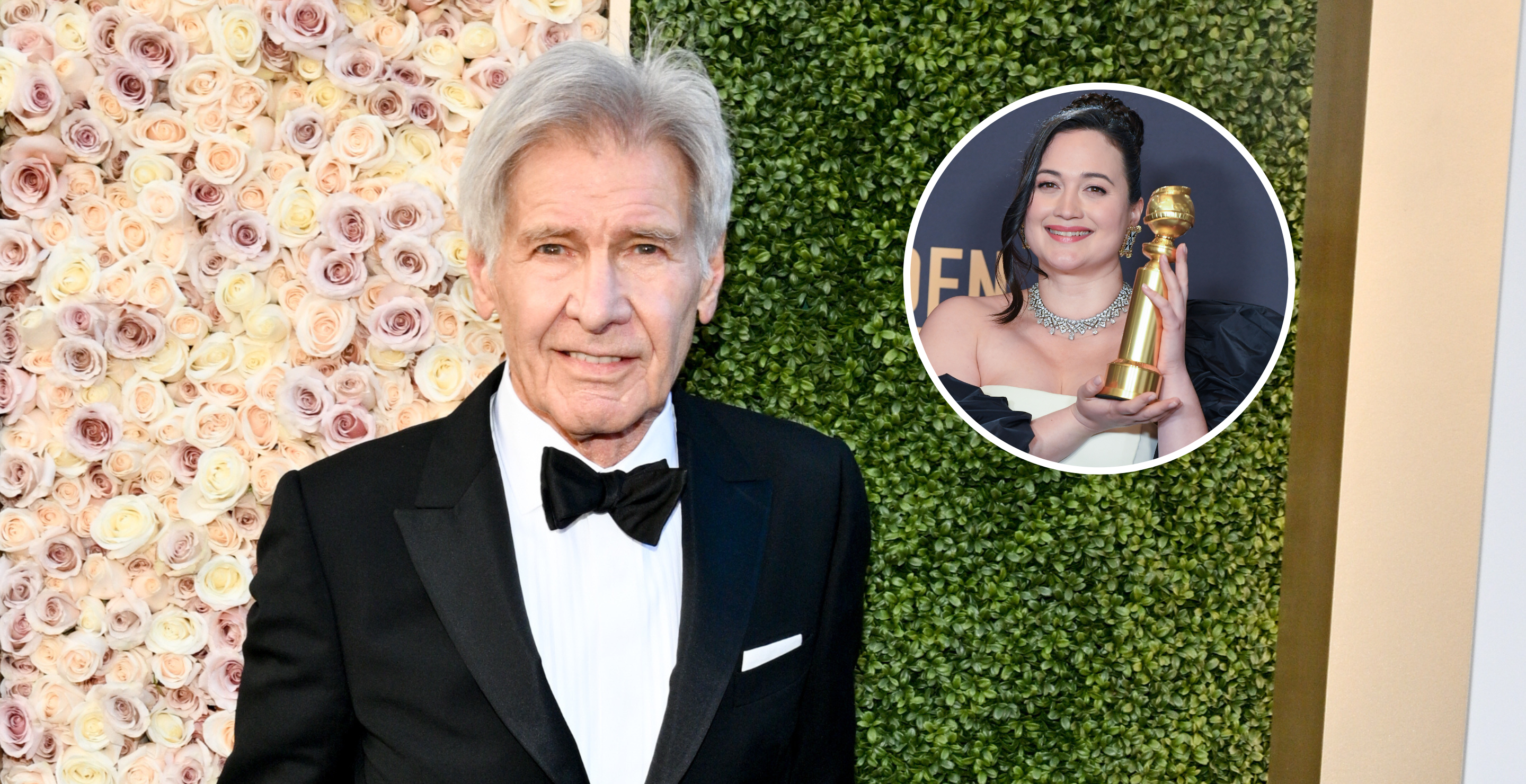 Harrison Ford at the 81st Golden Globe Awards held at the Beverly Hilton Hotel on January 7, 2024 in Beverly Hills, California and BEVERLY HILLS, CALIFORNIA - JANUARY 7: Lily Gladstone poses in the press room during the 81st Annual Golden Globe Awards at The Beverly Hilton on January 7, 2024 in Beverly Hills, California.