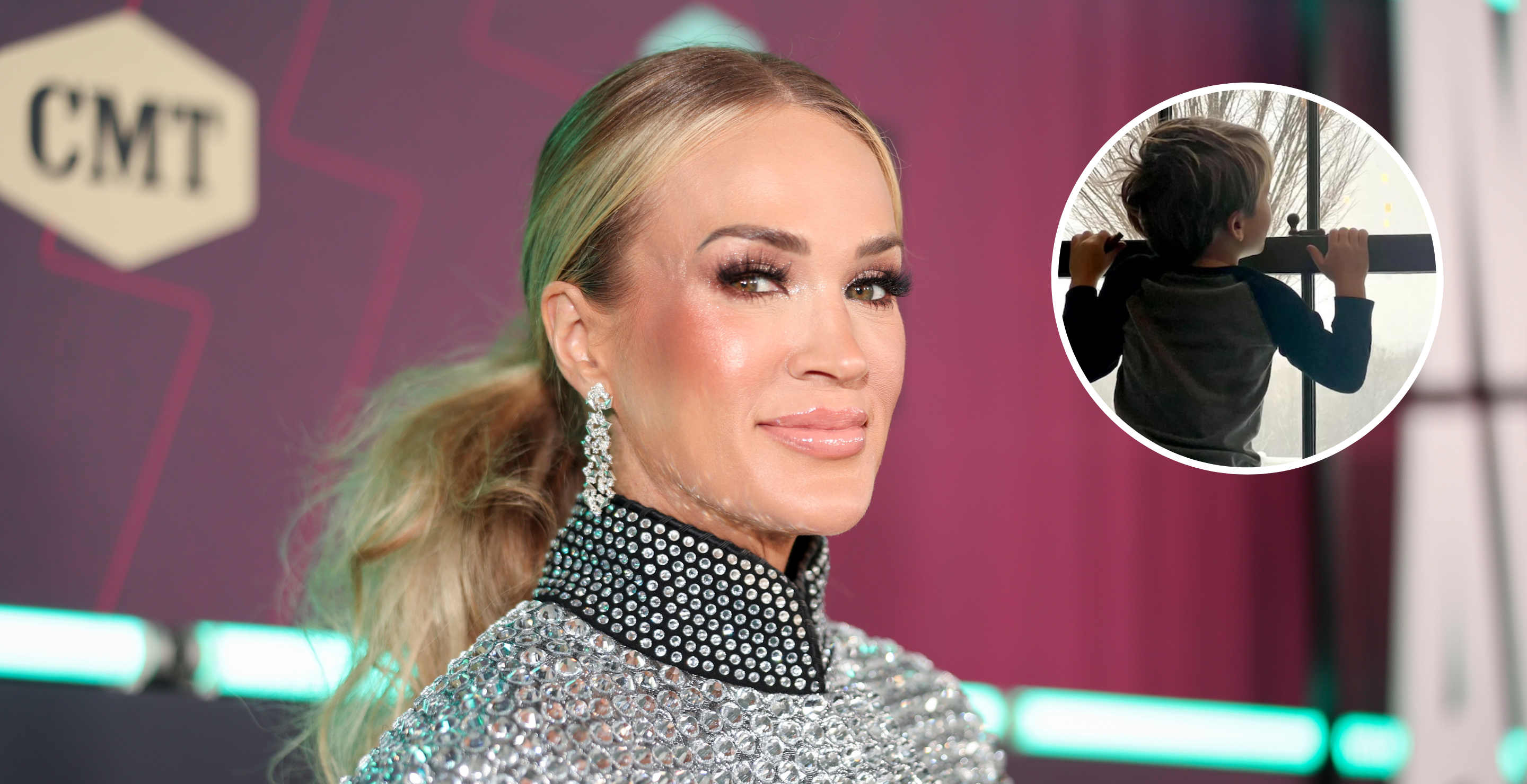 Carrie Underwood at the 2023 CMT Music Awards held at Moody Center on April 2, 2023 in Austin, Texas and screengrab via Instagram.