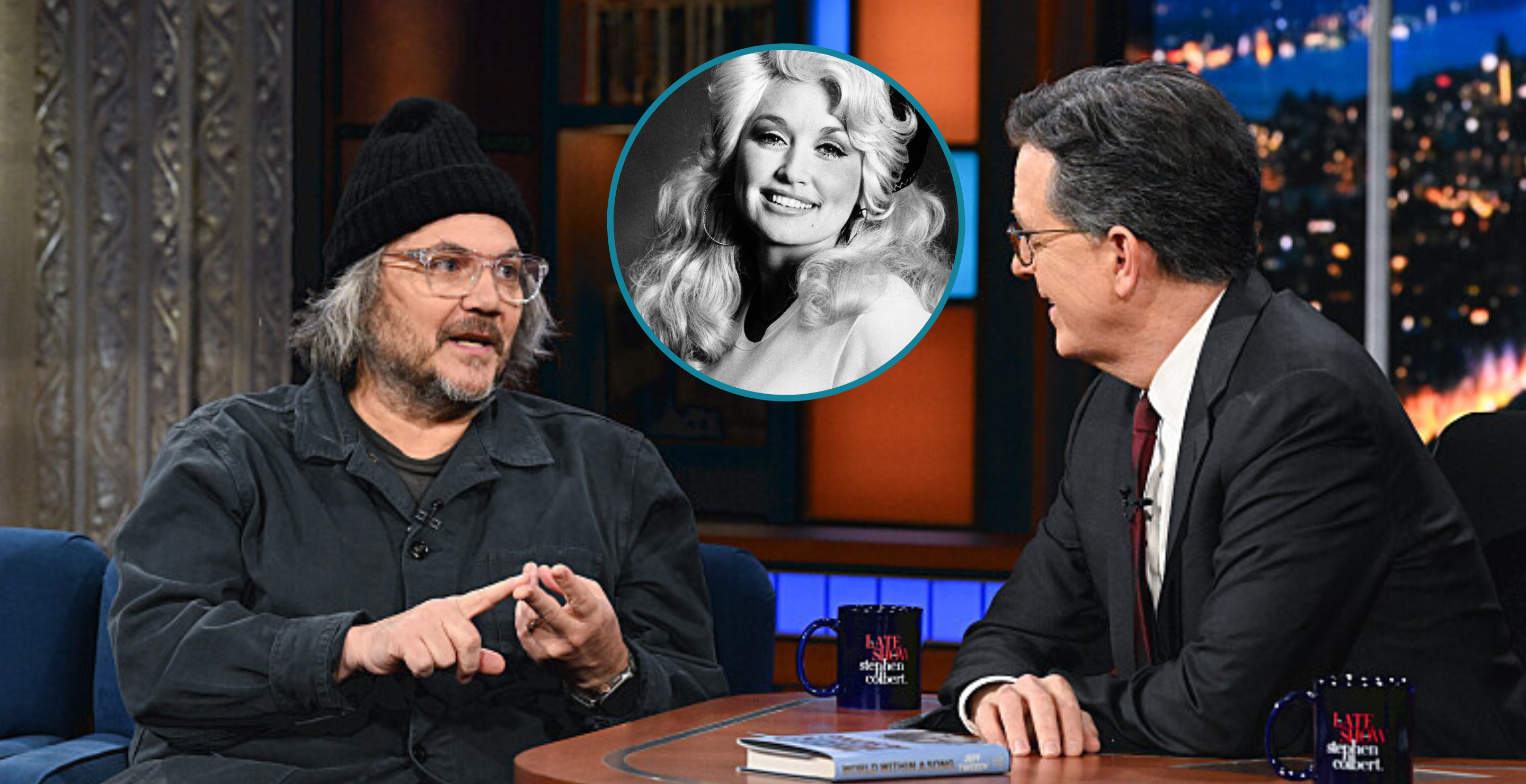 The Late Show with Stephen Colbert and guest Jeff Tweedy during Tuesday’s January 16, 2024 show. Photo: Scott Kowalchyk/CBS ©2024 CBS Broadcasting Inc. All Rights Reserved./ Dolly Parton