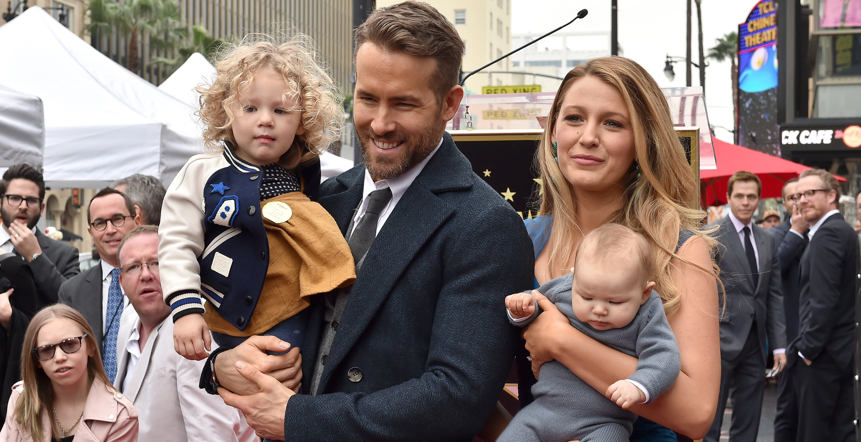 Actors Ryan Reynolds and Blake Lively with daughters James Reynolds and Ines Reynolds attend the ceremony honoring Ryan Reynolds with a Star on the Hollywood Walk of Fame on December 15, 2016 in Hollywood, California.