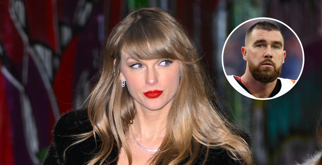 NEW YORK, NEW YORK - DECEMBER 14: Taylor Swift leaves The Box after celebrating her 34th birthday on December 14, 2023 in New York City and FOXBOROUGH, MASSACHUSETTS - DECEMBER 17: Travis Kelce #87 of the Kansas City Chiefs looks on without his helmet on the way to the locker room during halftime against the New England Patriots at Gillette Stadium on December 17, 2023 in Foxborough, Massachusetts.